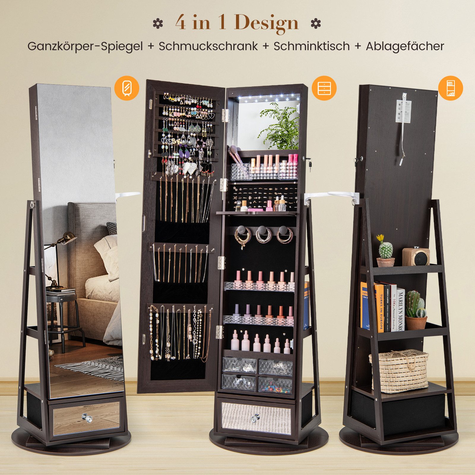 COSTWAY Schmuckschrank mit Spiegel, LED & 3 Ablagen, drehbar & abschließbar