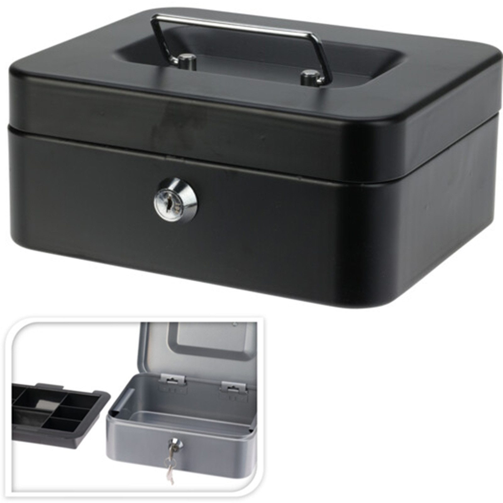Koopman Geldkassette Bargeldkasse Sparkassette Geldbox 20x19x19 cm Metall Schlüssel (Stück, 1 St., Packung), Schwarz / Silber, 2 Schlüssel, Münzeinsatz, Abschließbar