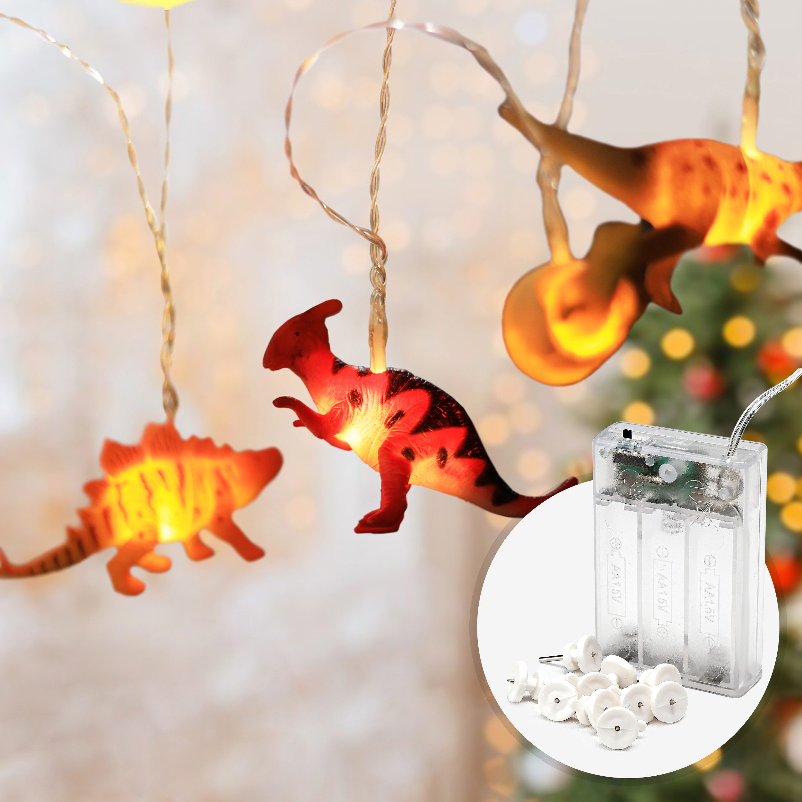 COZY HOME LED-Lichterkette Dino Lichterkette Batterie und Stecker -, 12 LED Figures I Warmweißes LED-Licht I Dino Design I EU-Konformität