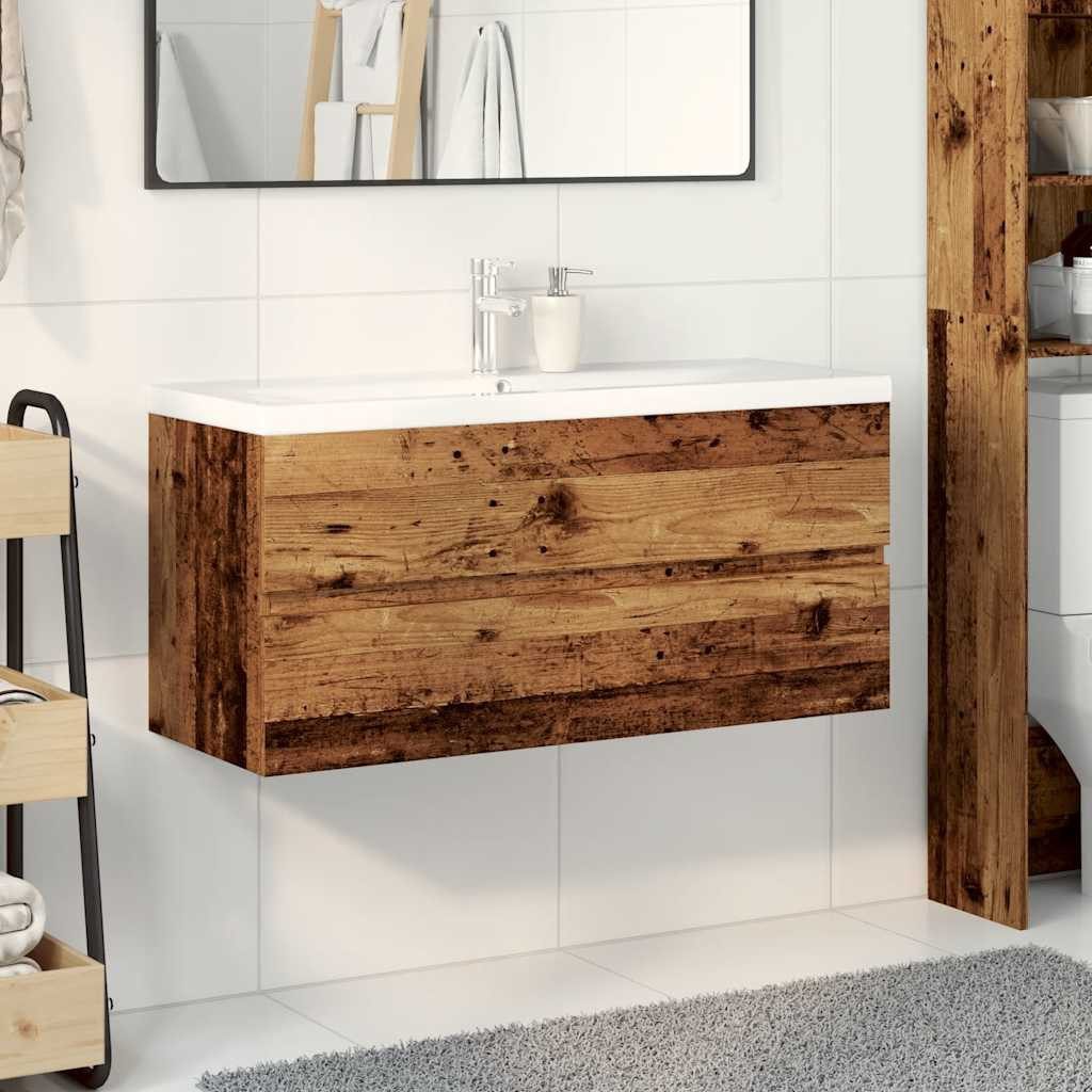 vidaXL Badezimmerspiegelschrank Waschbeckenunterschrank mit Einbaubecken Altholz-Optik (1-St)