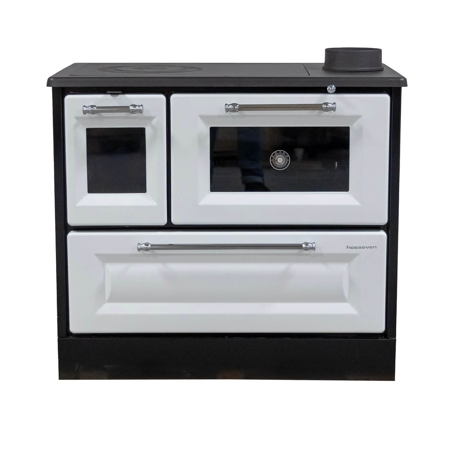 Hosseven Kaminofen mit Backfach und Herdplatte 4012 Weiß Holzofen 8 kW Holz Ofen, 7.7 kW, Dauerbrand, Ofen Mehrfachbelegung Kamin Heizofen Küchenherd