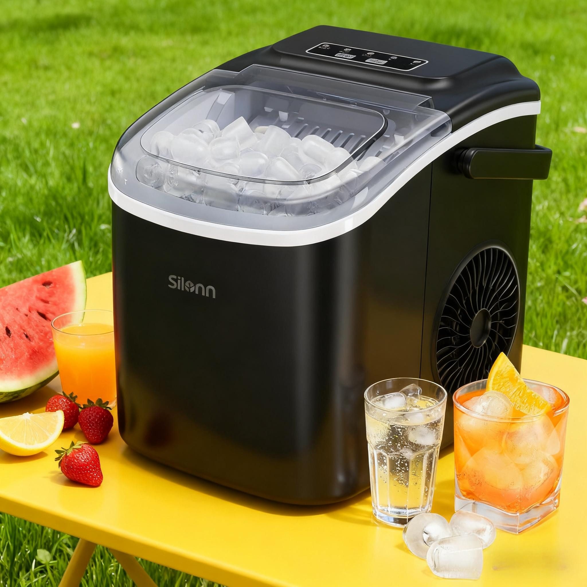 Silonn Eiswürfelmaschine Tragbar – 6-minütige Eisherstellung, 2 Eisgrößen, 12kg/Tag, Selbstreinigend, LED-Anzeige – Für Haushalt, Camping & Party
