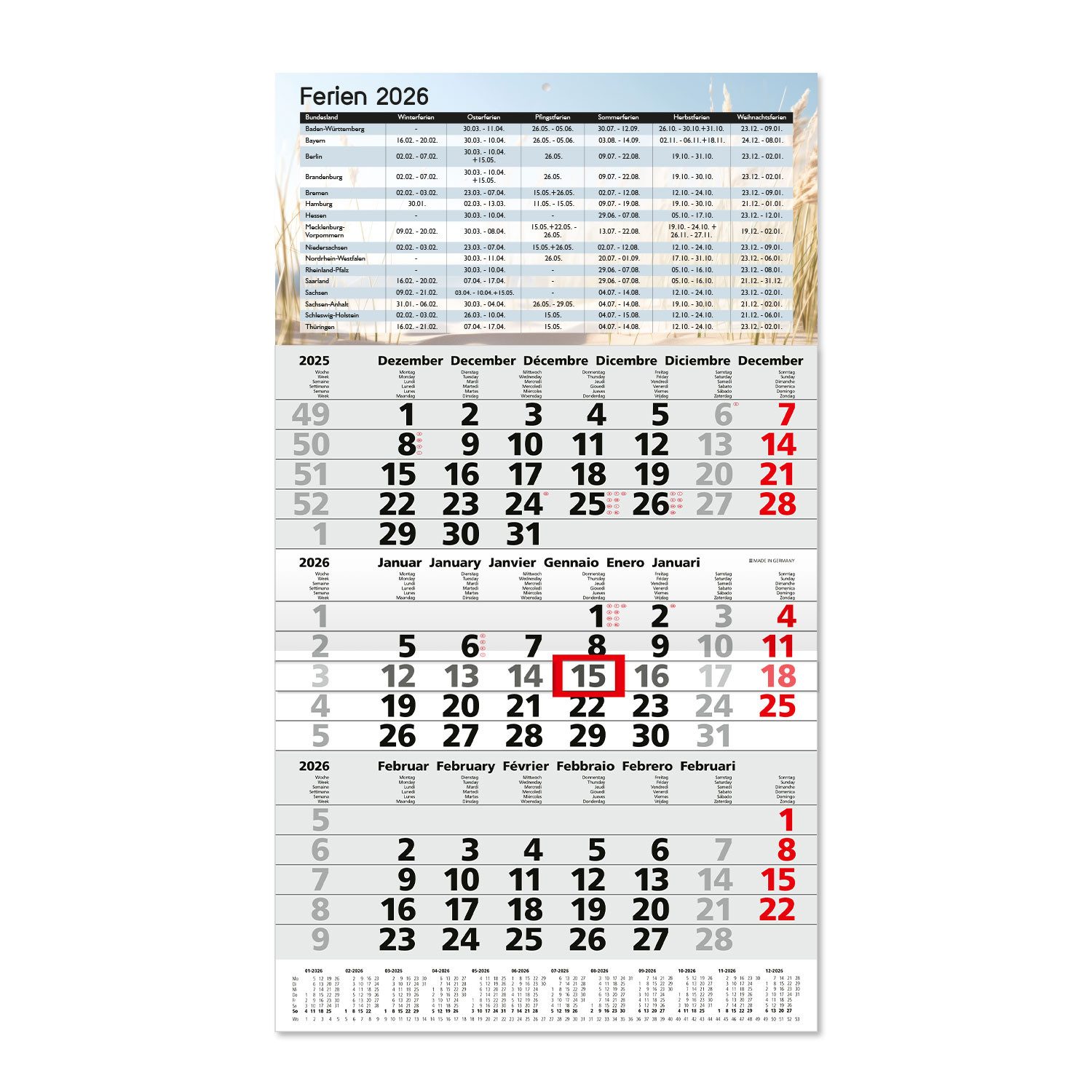 Timr Monatskalender 3-Monatskalender 2026 Jahresübersicht D / GB / F / I / E / NL tr345