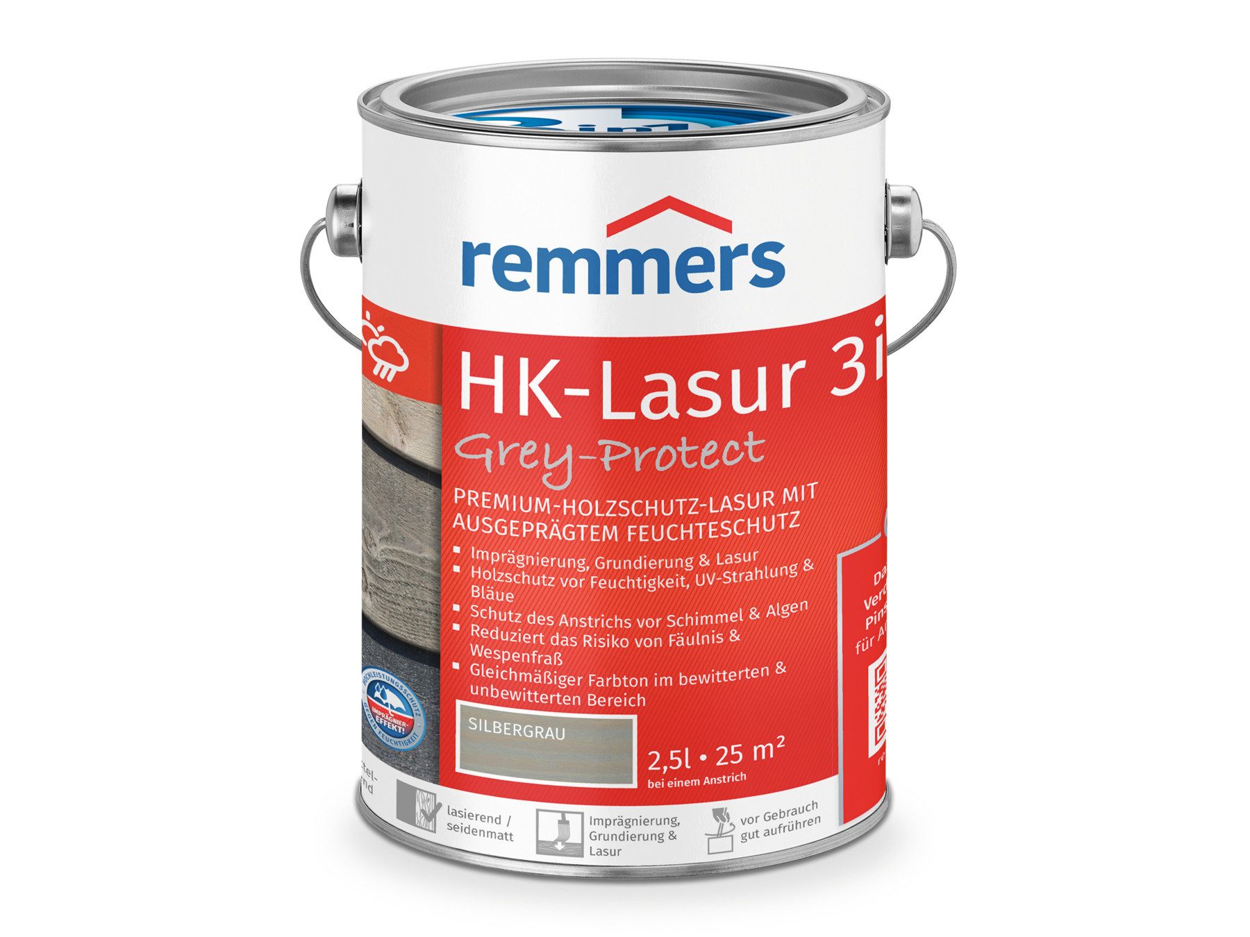 Remmers Holzschutzlasur HK-Lasur 3in1 Grey-Protect 2,5 Liter, 3in1 Holzschutz, Feuchtigkeit- und UV-Schutz