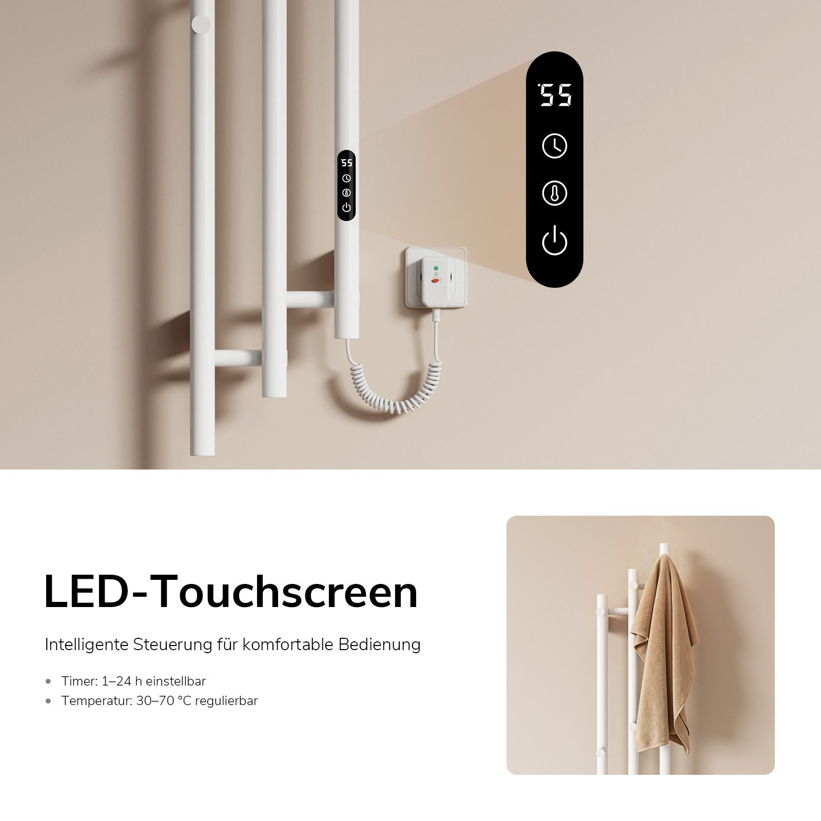 EMKE Badheizkörper Design-Handtuchheizkörper mit Smart-, WLAN- und App-Steuerung, LED-Display, Thermostat, Timer, 115 cm, 220 W, IP45