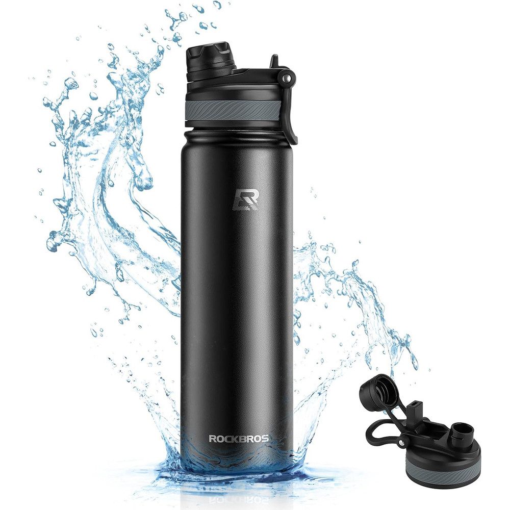 ROCKBROS Thermoflasche Isolierflasche Trinkflasche Fahrradflasche, 650 ml, 24 h kalt/12 h warm, Strohhalm, Tragegriff