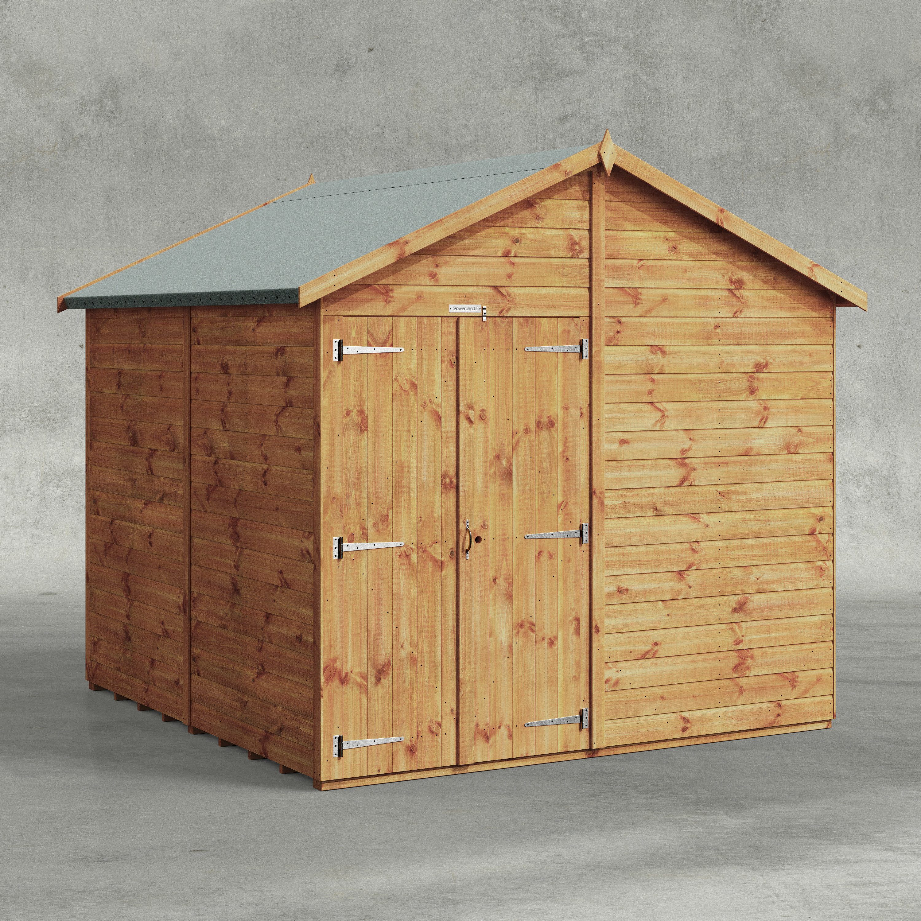 Powersheds Gartenhaus mit Satteldach aus Nut- und Feder Vollholz mit Doppeltür ohne Fenster, BxT: 240x240 cm, (Polyester-verstärkte Dachpappe, gehärtetes Glas, hochwertiges Holz), Hochwertiges Holz
