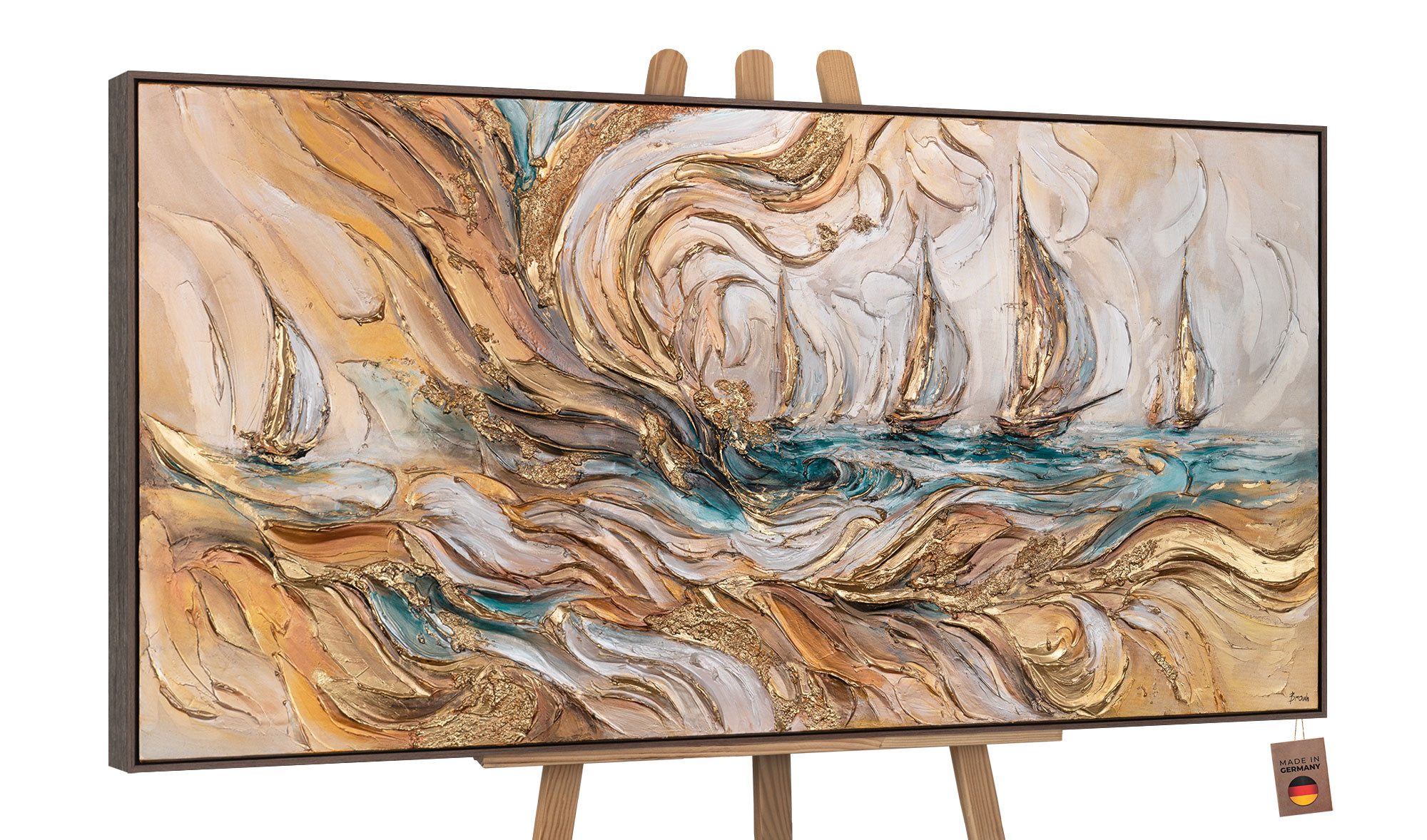 YS-Art Gemälde Bewegungsenergie, Paris, Impuls, Goldene Blätter, Zeitwellen, Energie, Leinwandbild, gerahmt, Pferde, Eiffelturm, Abstraktion, Segelboote