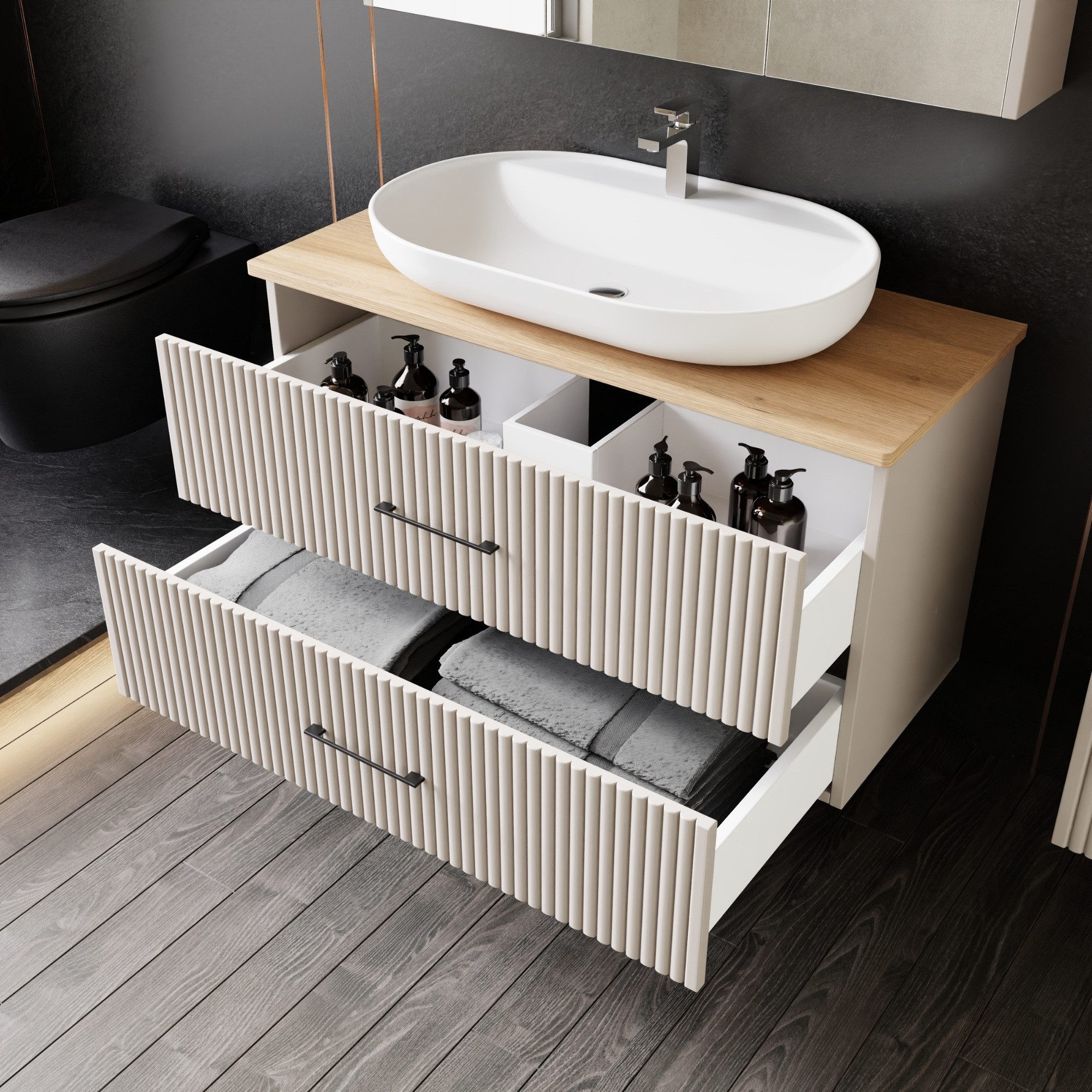 Karen Badmöbel-Set Badmöbel Set Liana, (Komplett-Set, Standartmäßig 4-Teilig (Unterschrank, Konsole, Waschbecken, Spiegelschrank), 3-St., Unterschrank mit Türen, Spiegelschrank mit Türen & Regalen), Pastellfarben, Riffeloptik, Bügelgriffe, Konsole, Aufsatzwaschbecken
