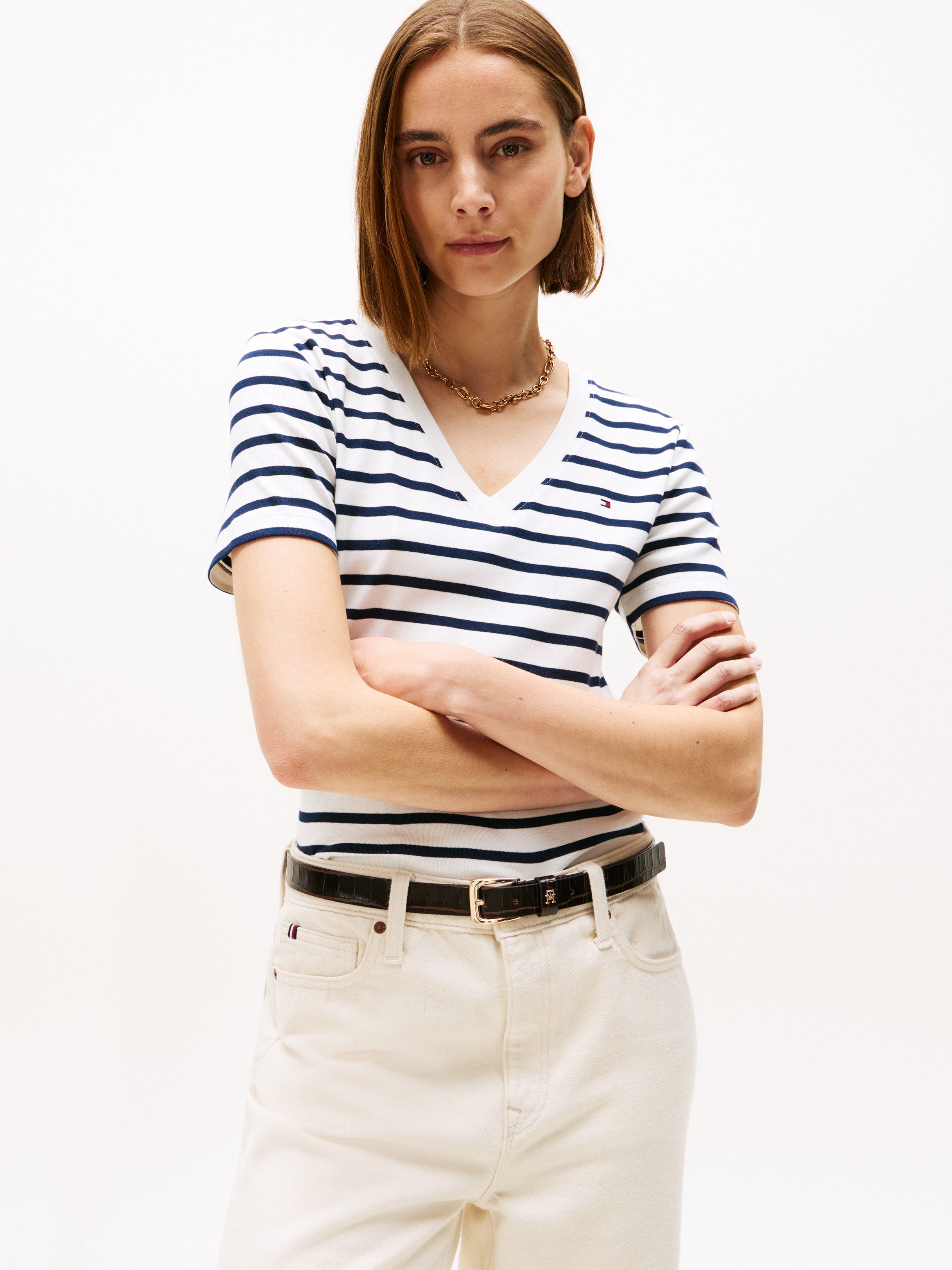 Tommy Hilfiger T-Shirt SLIM CODY V-NK SS mit V-Ausschnitt und Streifen Baum günstig online kaufen