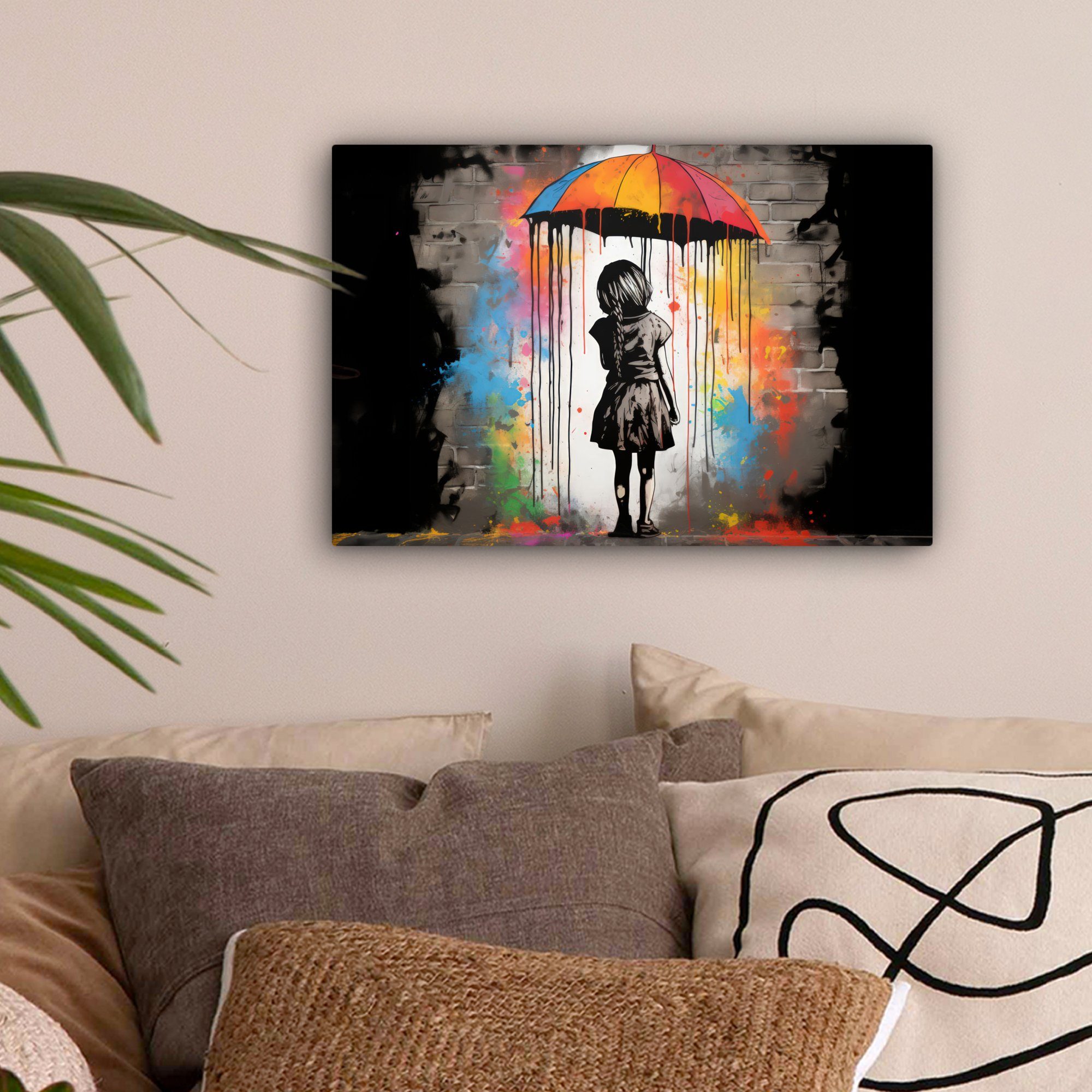 OneMillionCanvasses® Leinwandbild Mädchen - Kunst - Regenschirm - Graffiti - Farben - Wand, Fotodruck (1 St), Leinwand Bilder Klein, Wand Dekoration Aesthetic 30x20 cm