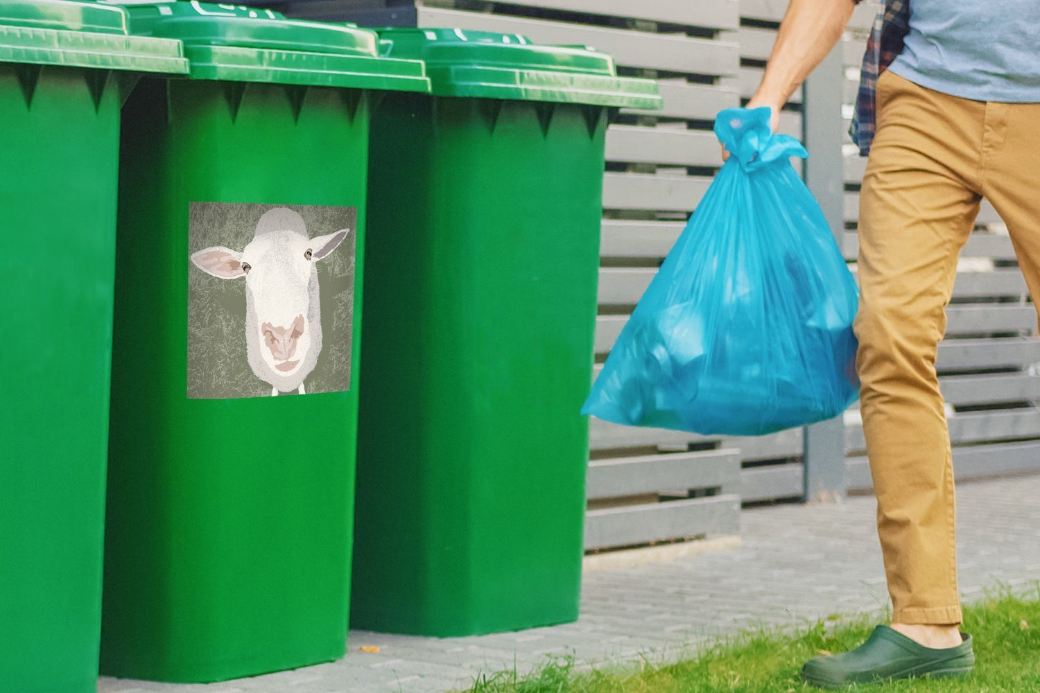 MuchoWow Wandsticker Eine Illustration eines Container, Mülleimer-aufkleber, das Mülltonne, Sticker, St), oben Abfalbehälter schaut nach (1 Schafes