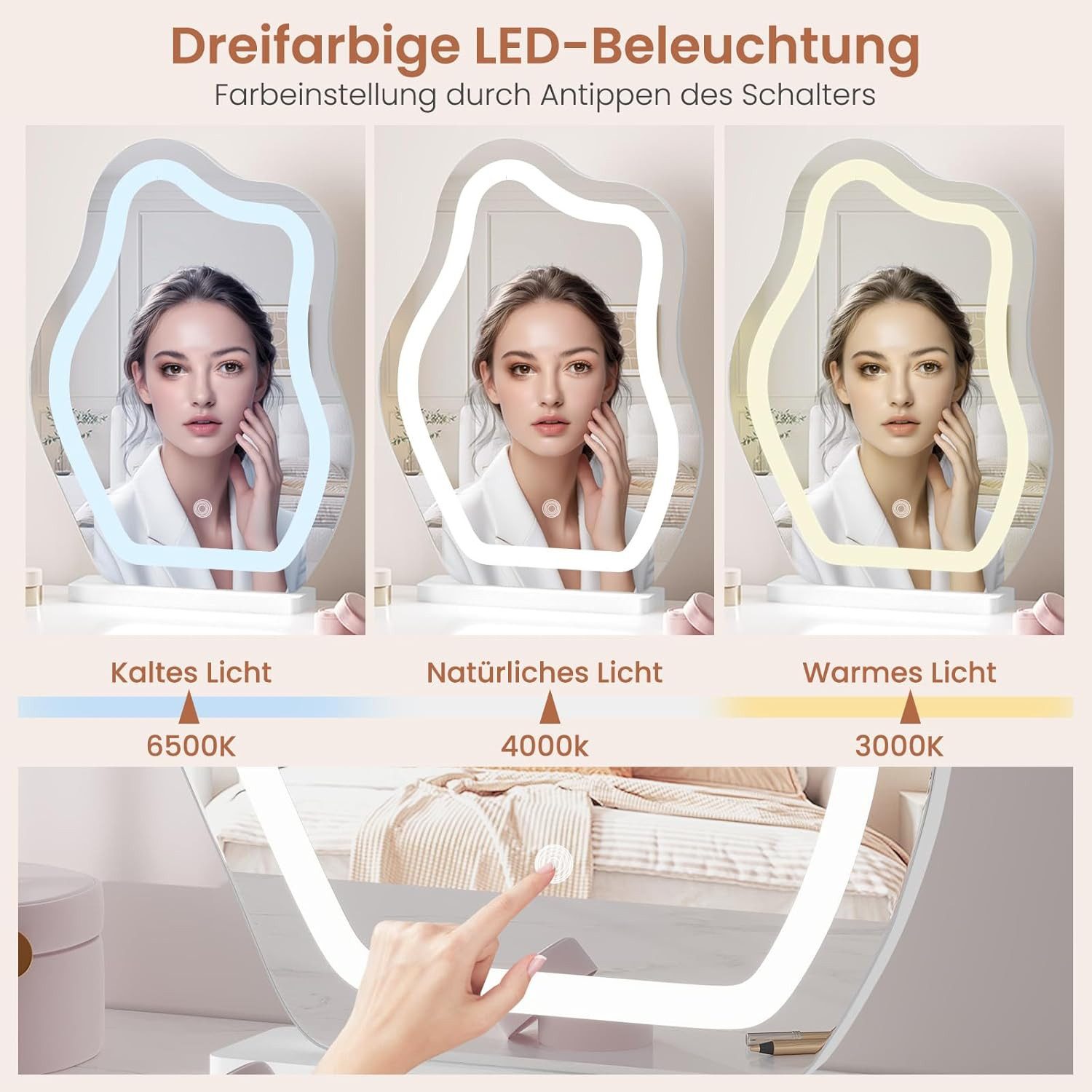 Woltu Schminkspiegel, mit Beleuchtung, 3 Farbtemperaturen, Tischspiegel Wolkenform dimmbar