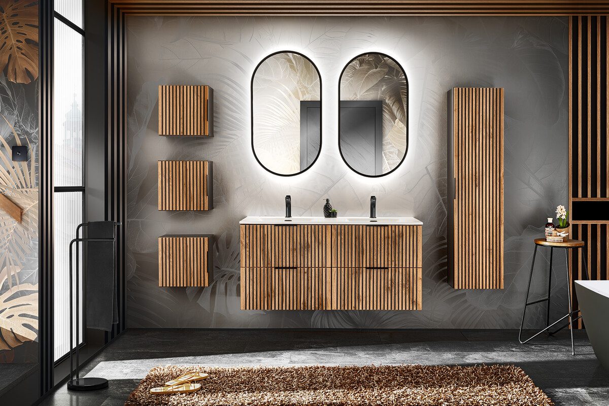 Badezimmer-Set "Chiara"set 120cm mit Möbelwaschtisch, Hochschrank und Spiegel