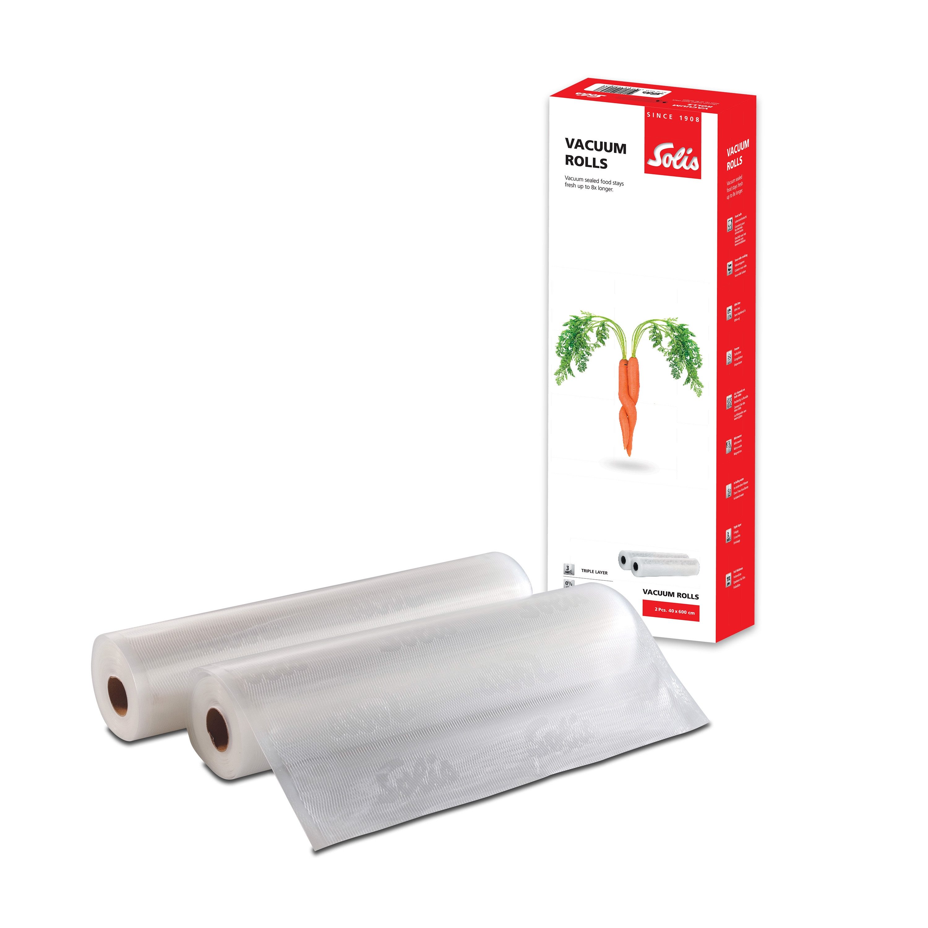 SOLIS OF SWITZERLAND Vakuumier-Folienrollen 922.53, 2 Rollen Set, Zubehör für Vakuumierer, 600 x 40 cm, BPA-frei, Dicke 110 µm