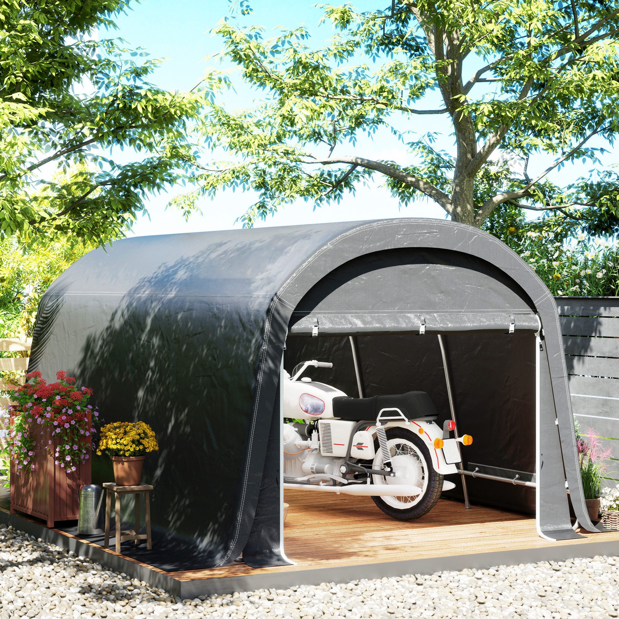 Outsunny Gerätezelt für Fahrräder, wasserdicht mit Tür, Anti-Staub, Personen: 13 (Aufbewahrungszelt, 1 tlg., Fahrradschuppen), für Zuhause, Außenbereich, Garten Hinterhof 300x450x230 cm, Dunkelgrau