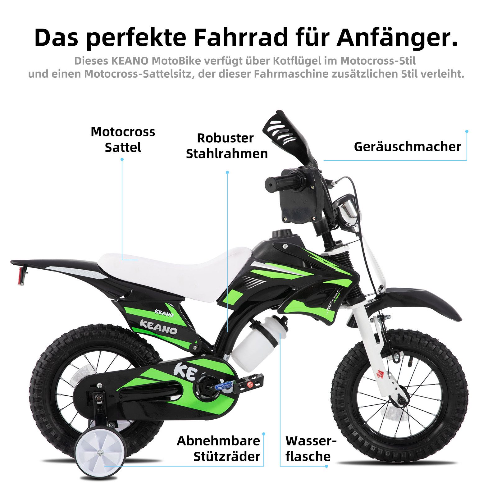 JOYSTAR Kinderfahrrad 12/16 Zoll fahrrad im Motorradstil für 3-8 Jahren Jungen und Mädchen, mit Stützrädern, Getränkehalter und Schutzblechen
