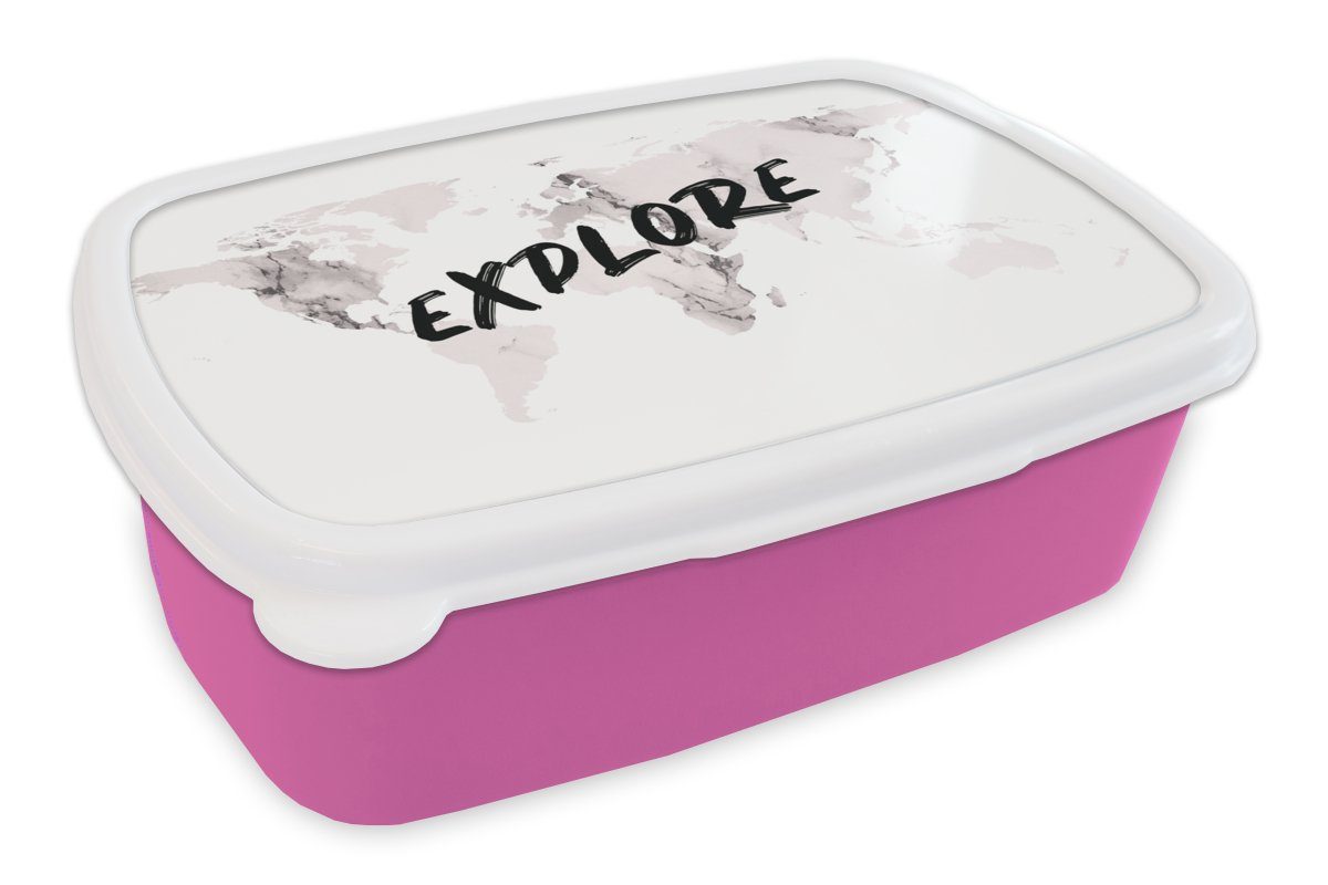MuchoWow Lunchbox Weltkarte - Marmor - Zitat, Kunststoff, (2-tlg), Brotbox für Erwachsene, Brotdose Kinder, Snackbox, Mädchen, Kunststoff rosa