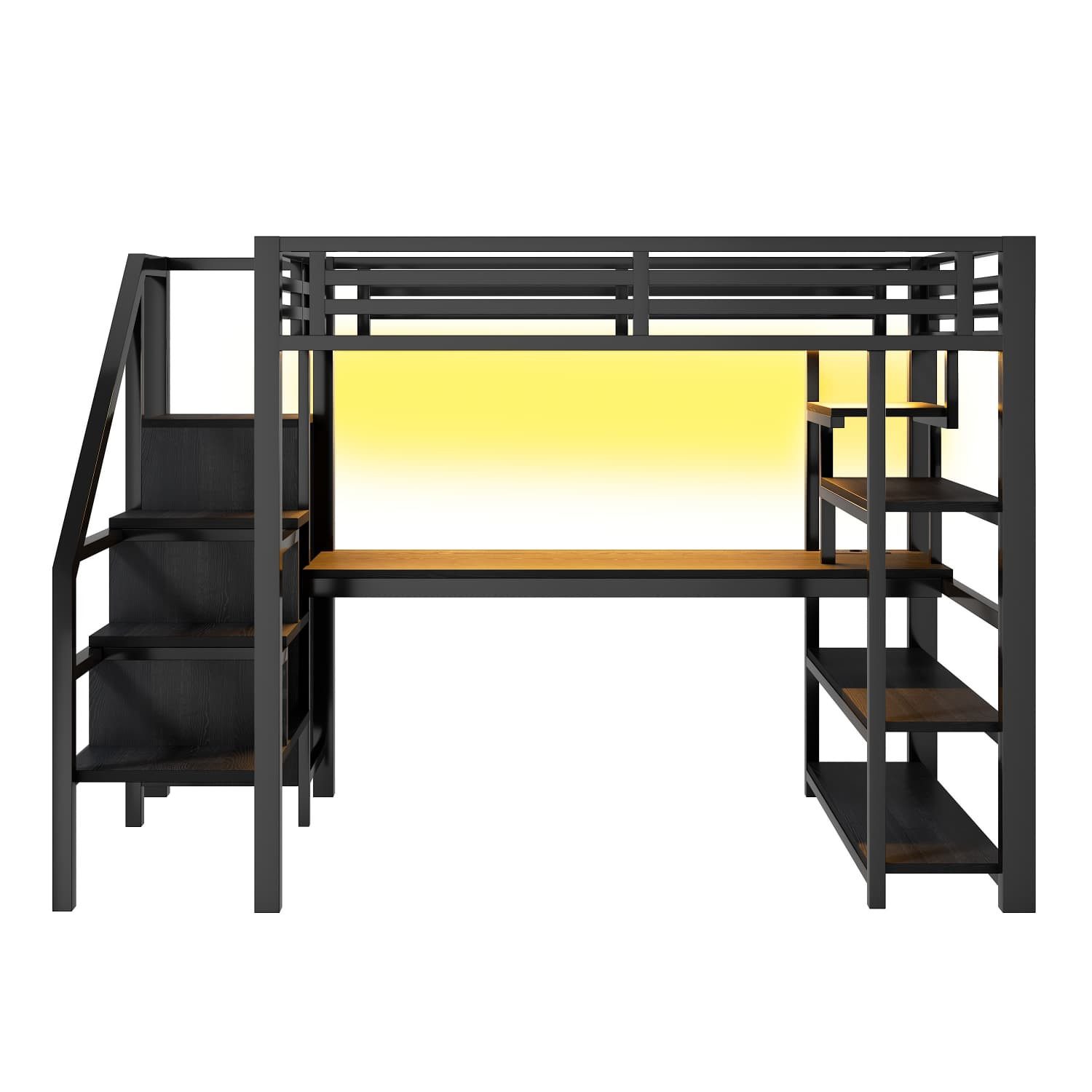 Autolock Children's Bed 140x200cm Metal Loft Bed, Children's Bed with Stairs, Open Wardrobe, Integrated Desk, Storage Compartments, USB Charging Station + LED Lighting