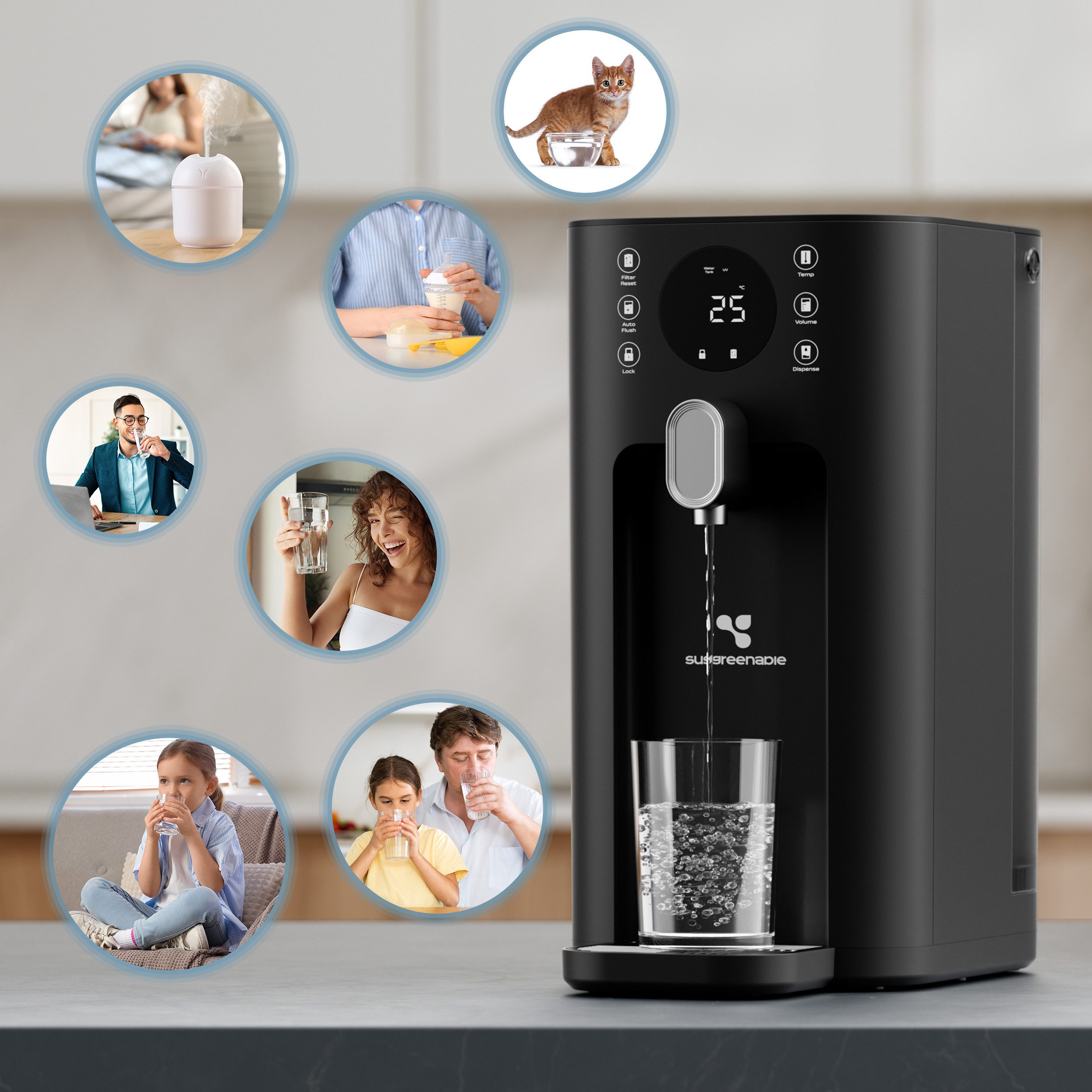 susgreenable Wasserfilter UV tragbarer Umkehrosmoseanlage Wasserreiniger SGIWDR03-B, Zubehör für 45°C - 100°C Trinkwasser Osmoseanlage, 5-stufige Umkehrosmose Filter, 2:1 Rein zu Abfluss, TDS Filter-Monitor