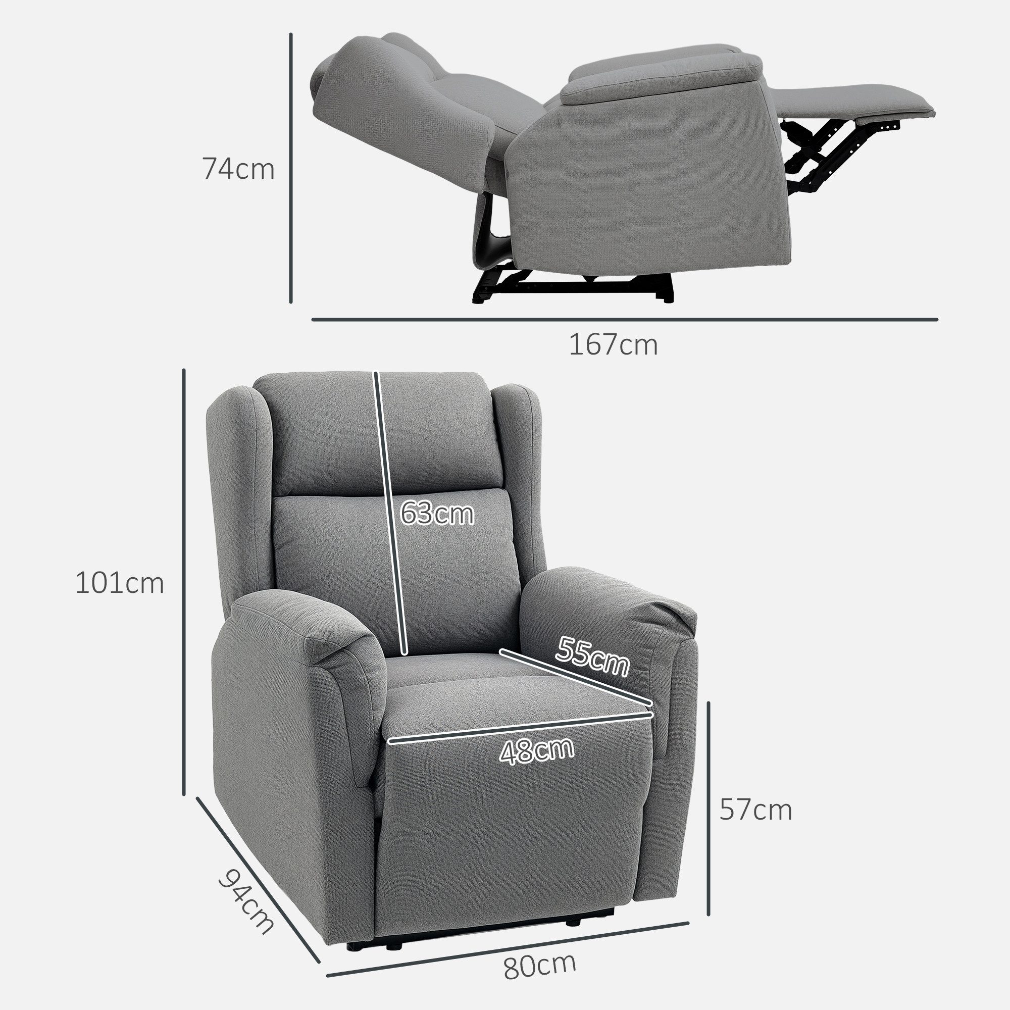 HOMCOM Relaxsessel Fernsehsessel mit Liegefunktion (TV-Sessel mit Taschenfederkern, 1-St., Ruhesessel), für Wohnzimmer, Schlafzimmer, Dunkelgrau
