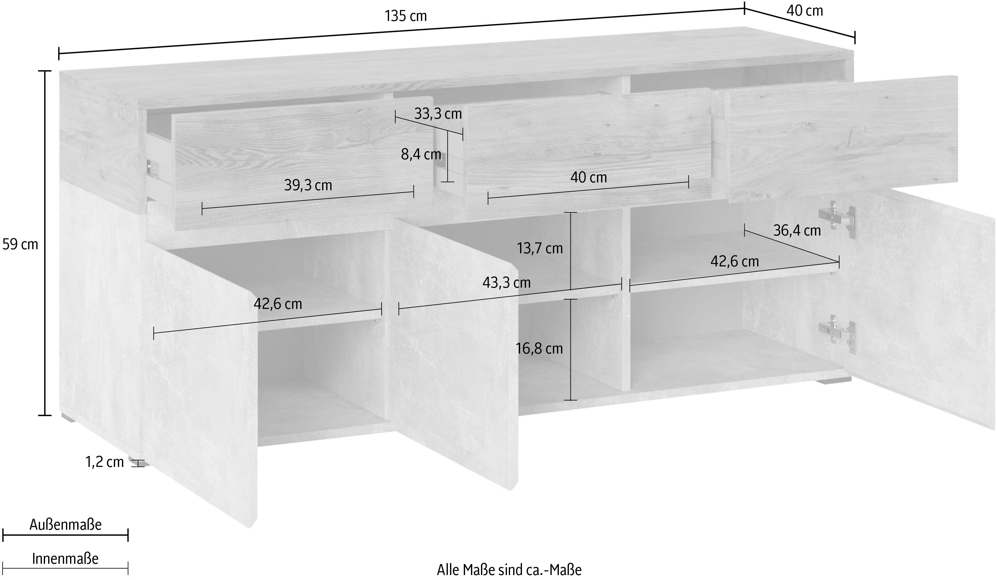 INOSIGN Lowboard Rimini, Breite 135 Alpinweiß/Artisan | Eiche Eiche Alpinweiß/Artisan cm