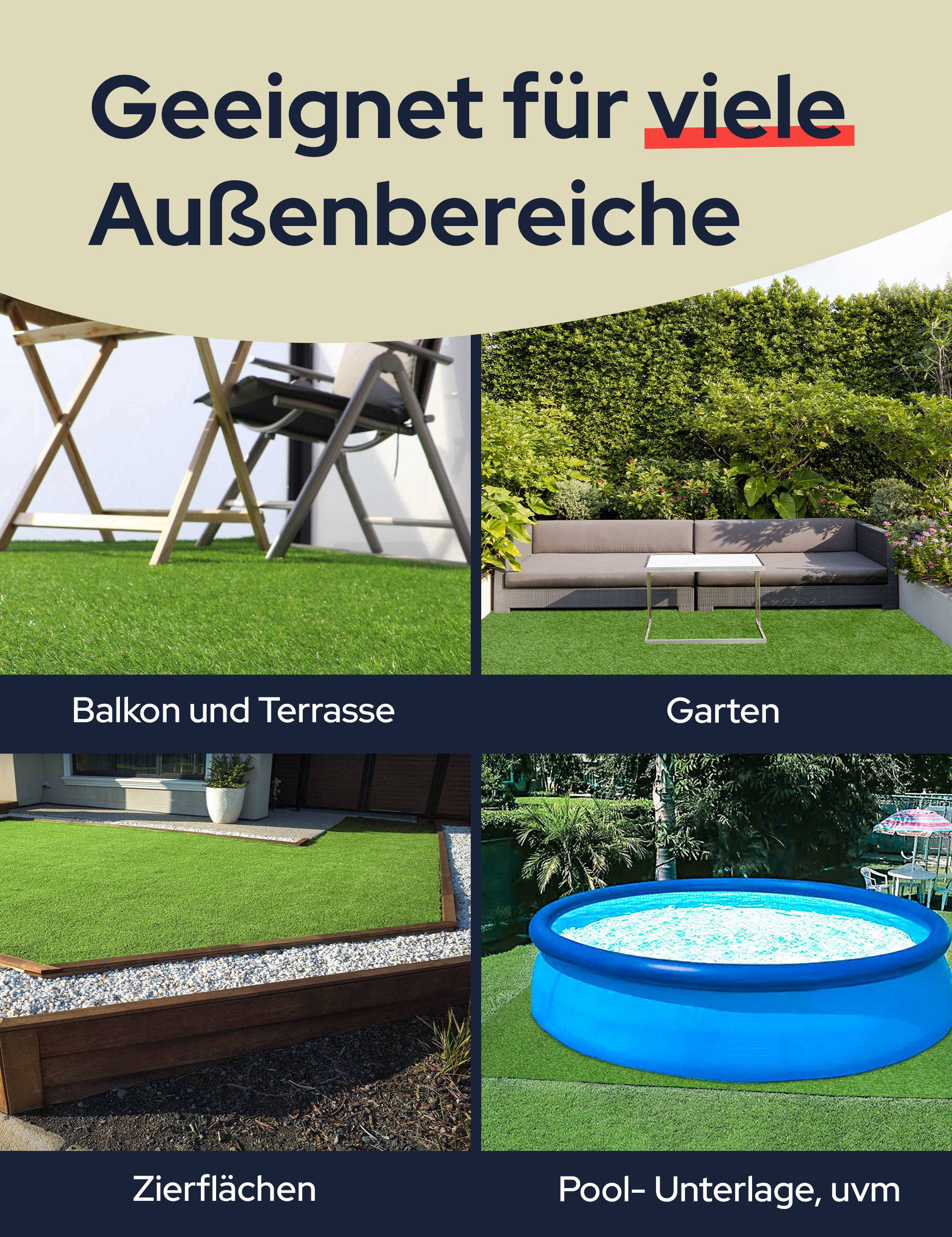 Primaflor-Ideen in Textil Kunstrasen Kunstrasen MIAMI, Gesamthöhe 22 mm, rechteckig, natürliche Optik, wasserdurchlässig, für Balkon, Terrasse & Garten