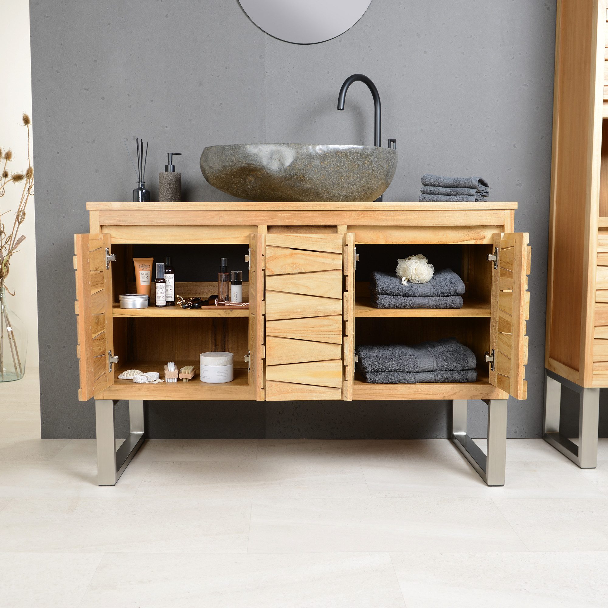 wohnfreuden Waschbeckenunterschrank Waschtisch-Unterschrank MOUNTAIN 120 cm breit aus Teakholz