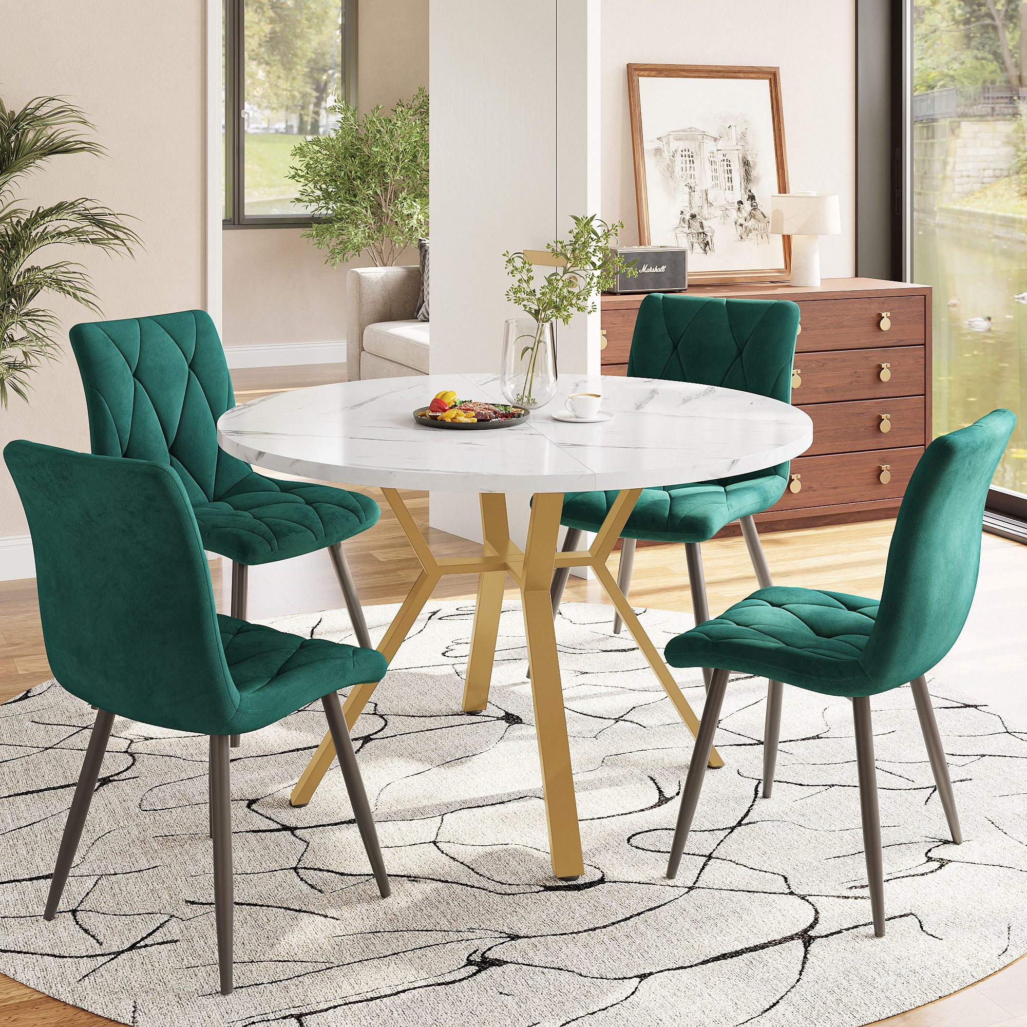 Flieks Essgruppe runder Esstisch mit 4 Stühlen Set, (Set, 5-tlg., 1 Tisch mit 4 Stühlen), Sitzgruppe Küchetisch 100x75cm Esszimmertühle Samt Metallbeine, Esstisch mit Stühlen
