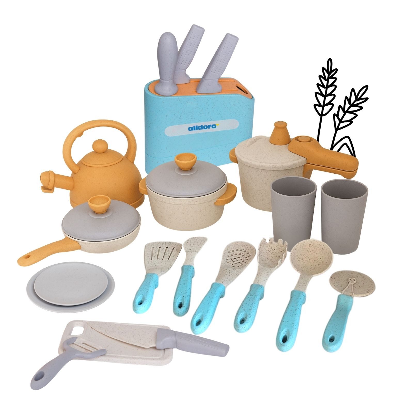 alldoro Spiel-Kochgeschirr Koch- und Geschirrset mit Messerblock für die Ki günstig online kaufen