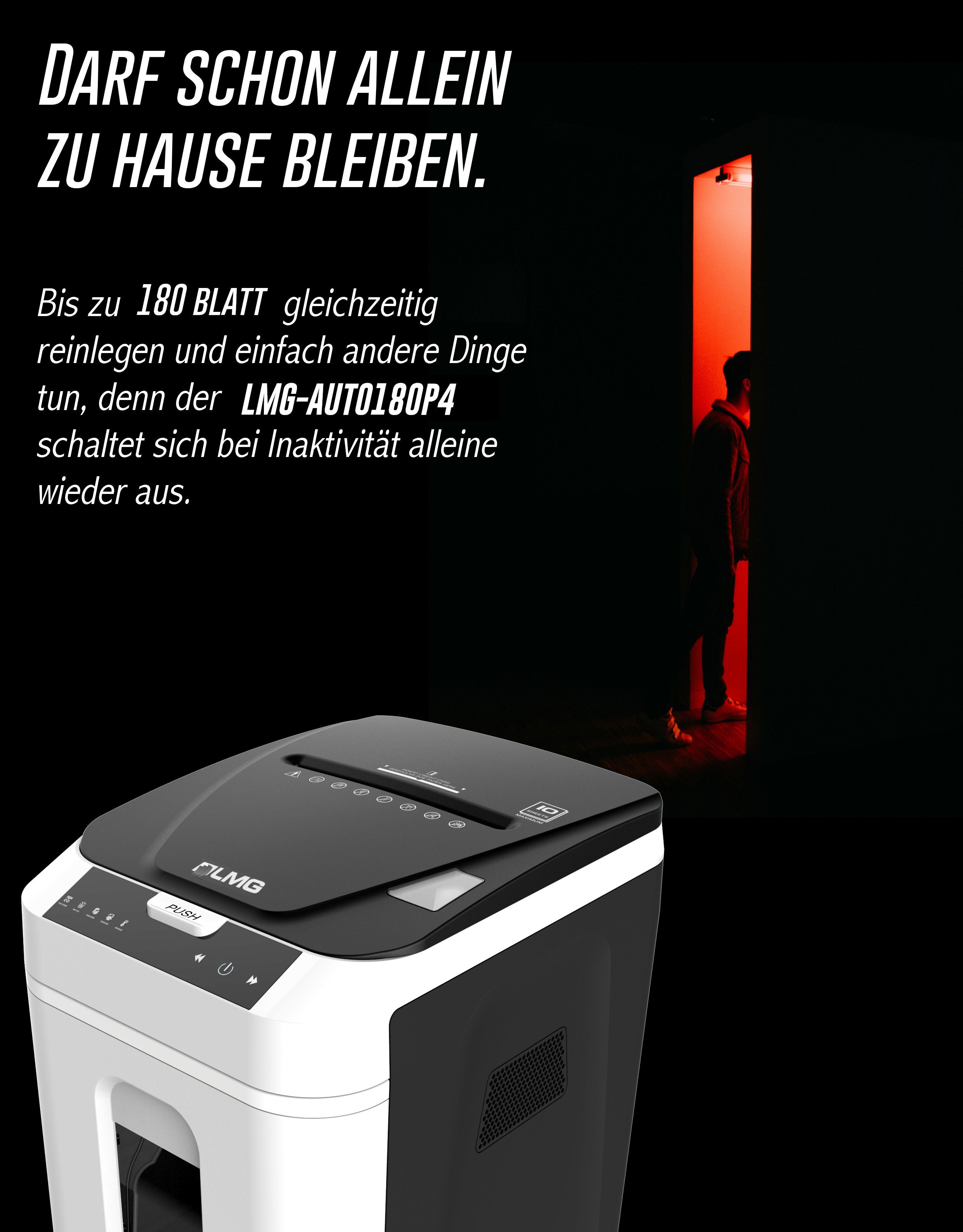 LMG Germany Aktenvernichter Autofeed Profi Shredder, 180 Blatt gleichzeitig, als P4 oder P5, Partikelschnitt Cross Cut, 32L Partikelschnitt weiß, sehr leise