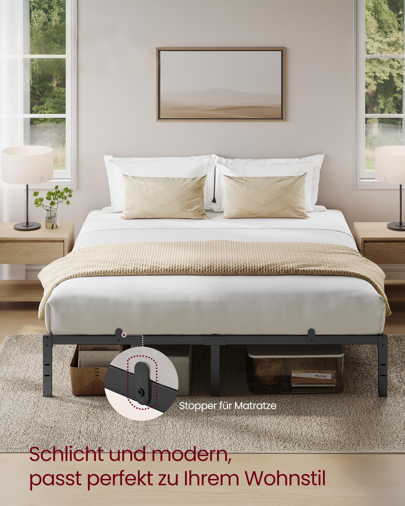 VASAGLE Bettgestell (180 x 200 cm, 35.6 cm H, geräuscharm), Metallbett, Bettrahmen, hochtragfähig, mehrfachgrößen-Option