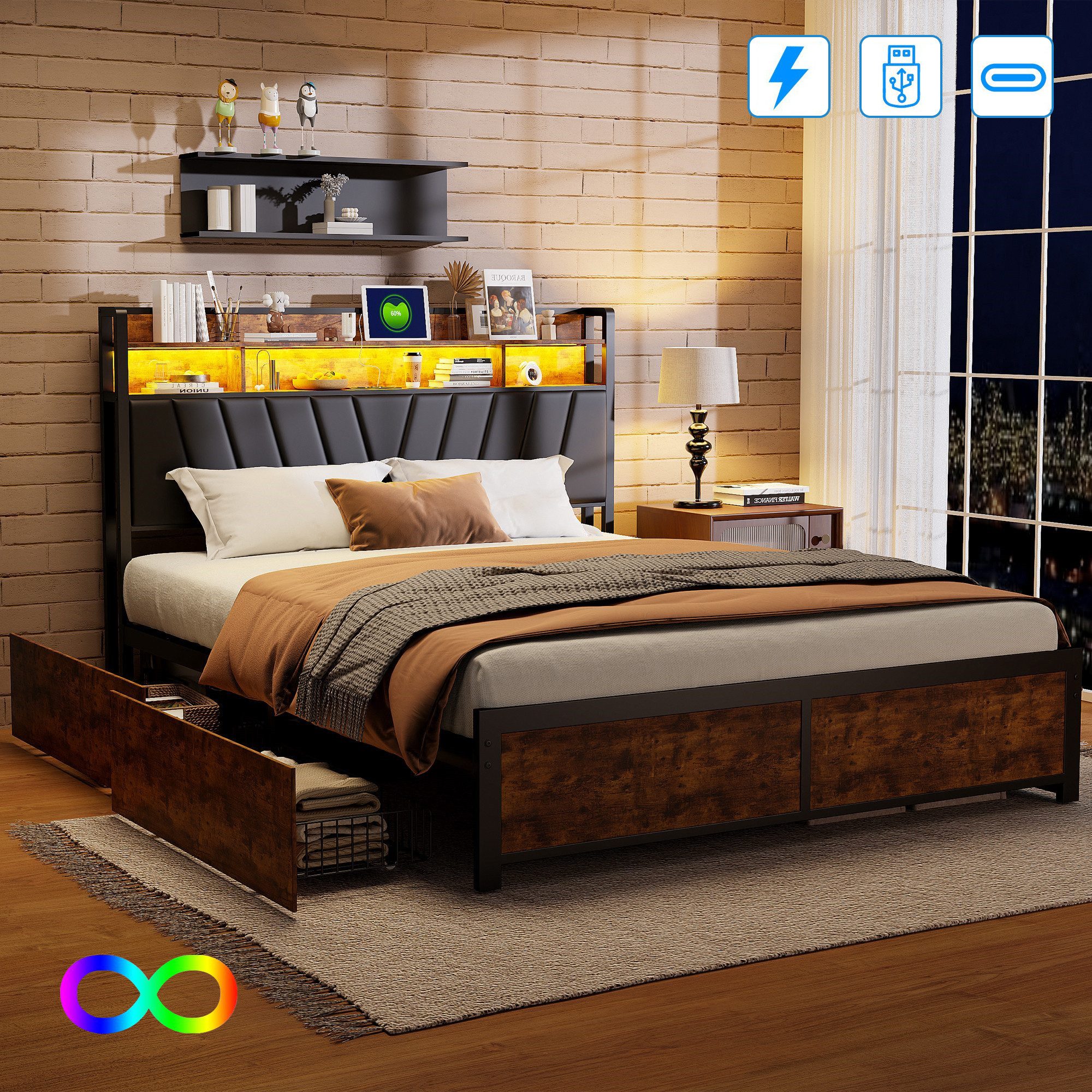 PXloue Polsterbett LED Doppelbett Metallbett (Inklusive USB--Ladeanschluss) günstig online kaufen
