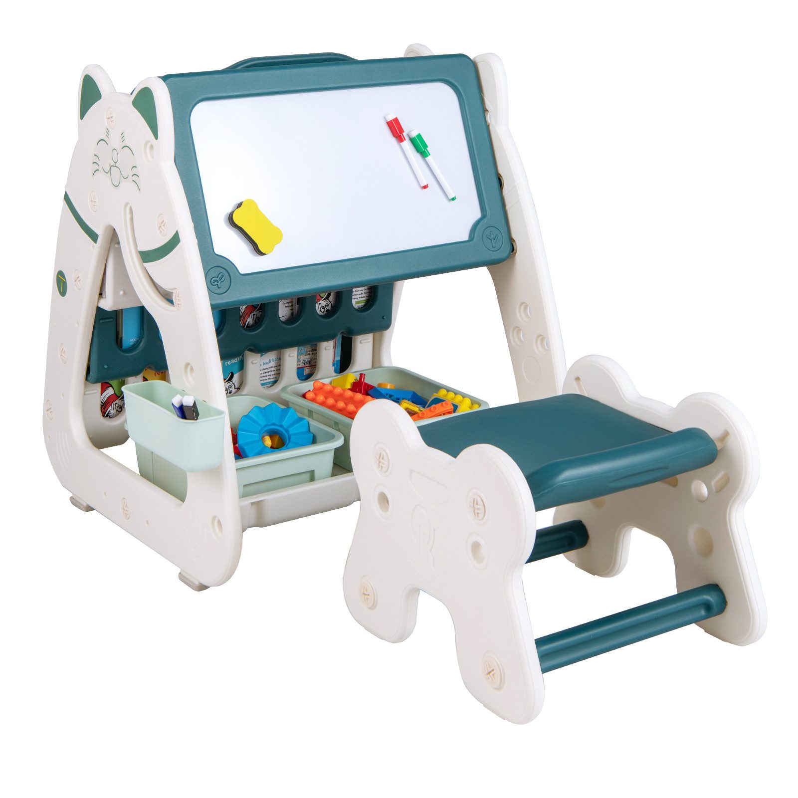 COSTWAY Tafel 3 in 1 Kinder Sitzgruppe, Kindertafel, Bücherregal günstig online kaufen