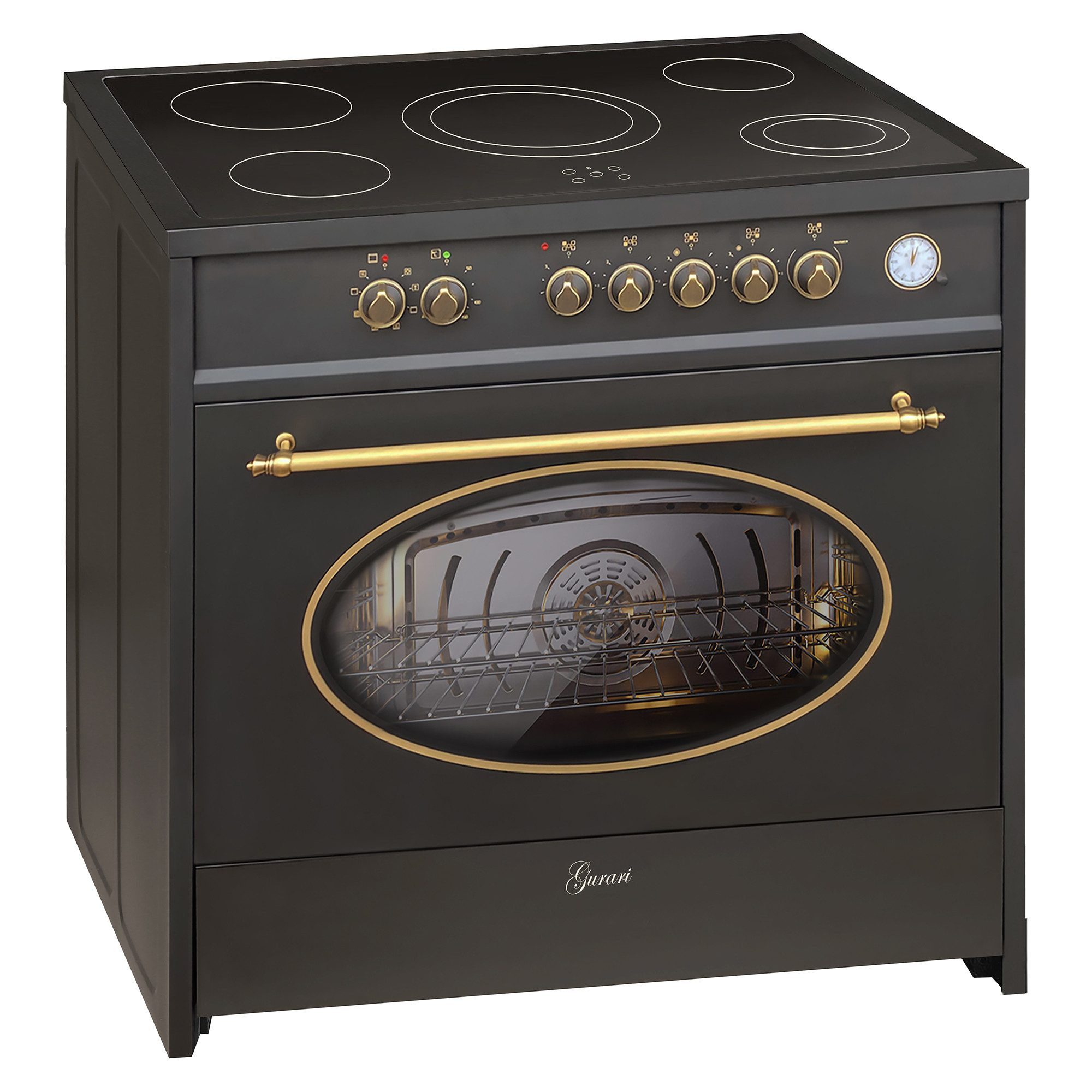 GURARI Elektro-Standherd Retro Herd 90 cm Schwarz Range Cooker Elektro XXL Backofen 121 L GCH E 912 BL r,., mit 1-fach-Teleskopauszug, Easy-Clean Emaille, Glaskeramik Kochfeld, 5 Hi-Light Zonen, Elektro-Analog Zeitschaltuhr