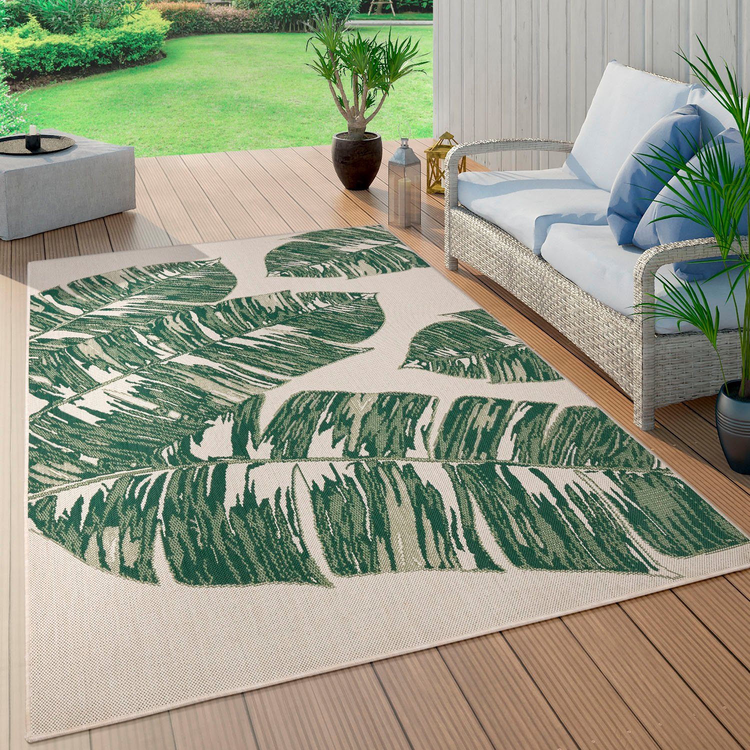 Teppich Ostende Home, Motiv geeignet, Paco Wohnzimmer mm, Palmenblätter, 4 Outdoor Höhe: und Flachgewebe, 553, grün rechteckig, In-