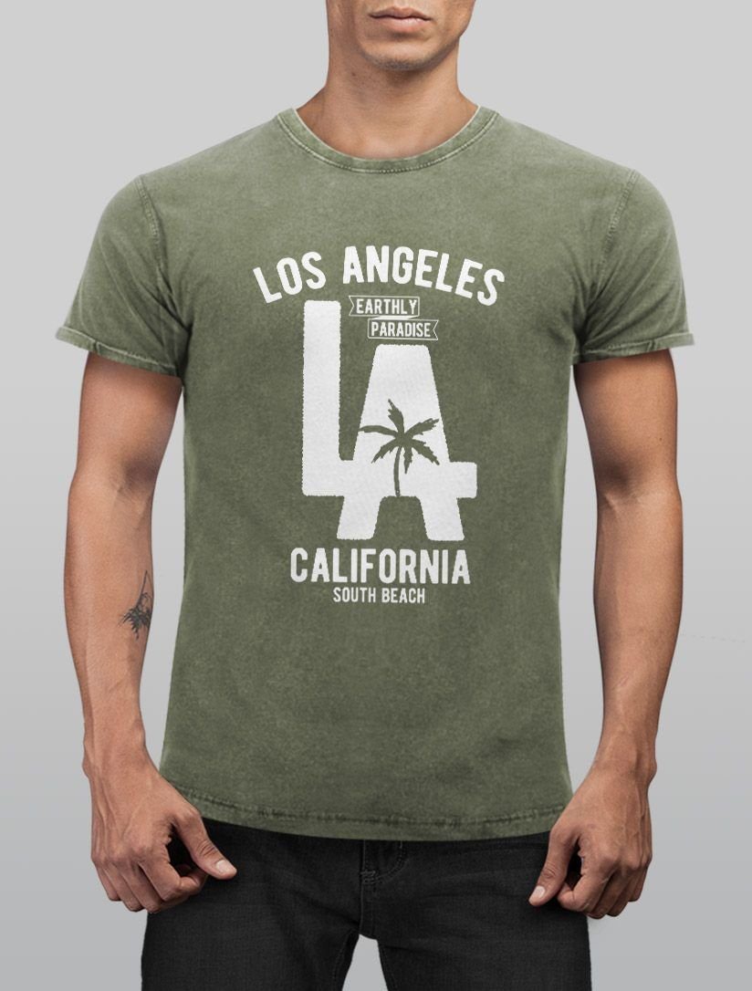 mit Neverless® Used LA Cooles Angesagtes Neverless Herren Los Fit Slim Angeles Print Shirt T-Shirt Vintage Aufdruck California oliv Look Print-Shirt