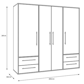 FORTE Drehtürenschrank MOKKARIS, Weiß matt, 4 Türen, 4 Schubladen, 5 Einlegeböden, 2 Kleiderstangen, B 206 x H 200 x T 59 cm