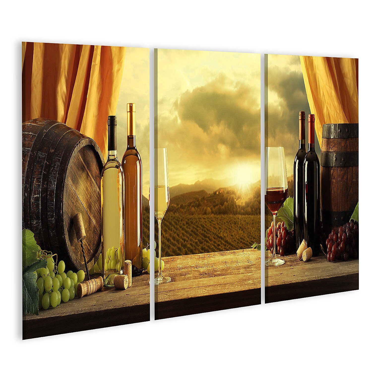 Leinwandbild Bild auf Leinwand Weinflaschen Fässer und Weinberg im Sonnenuntergang
