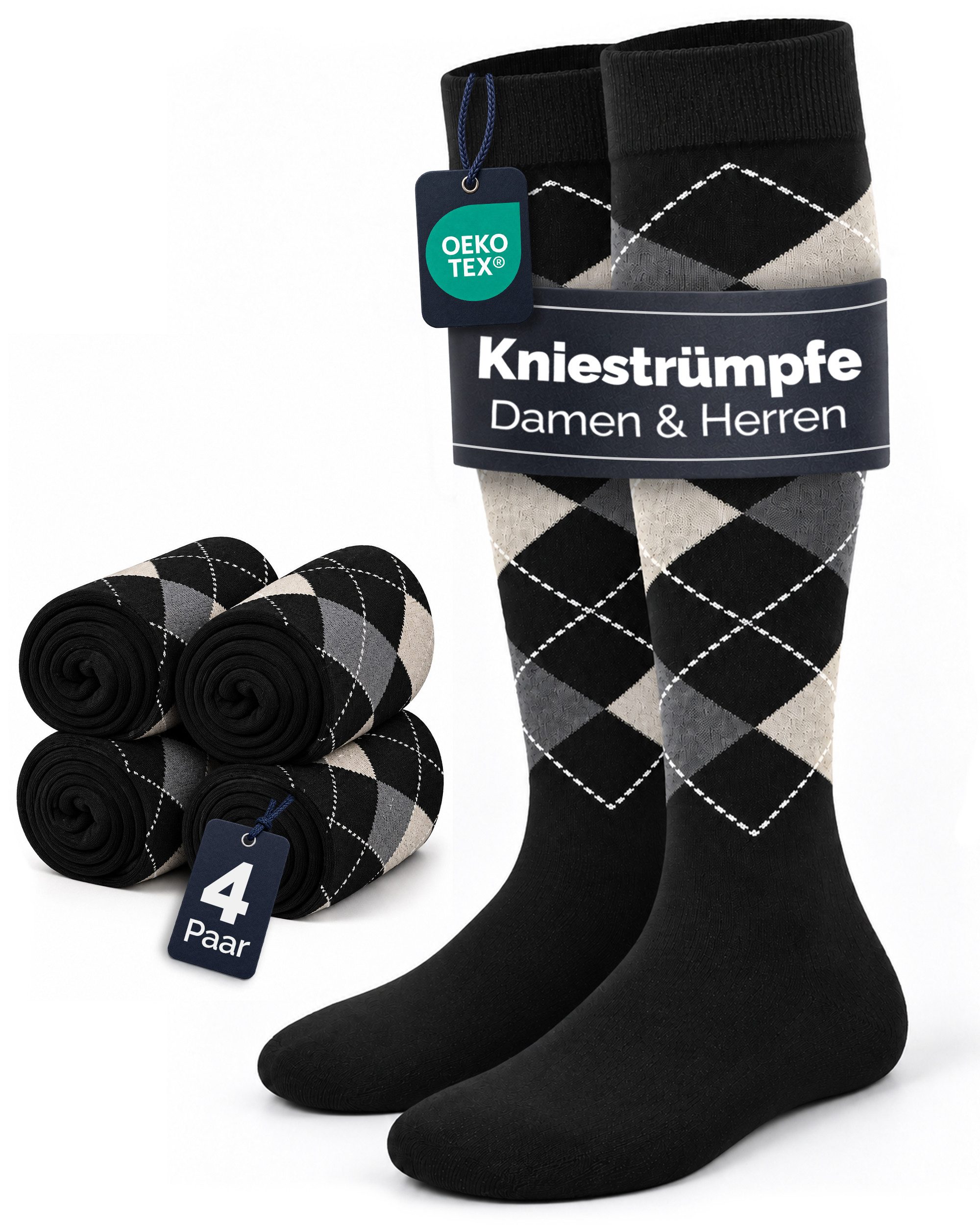GAWILO Kniestrümpfe für Damen & Herren mit Plüschsohle zum Reiten, Wandern oder Alltag (4 Paar) Reitsocken in schwarz und kariert - mit Baumwolle & Komfortbund
