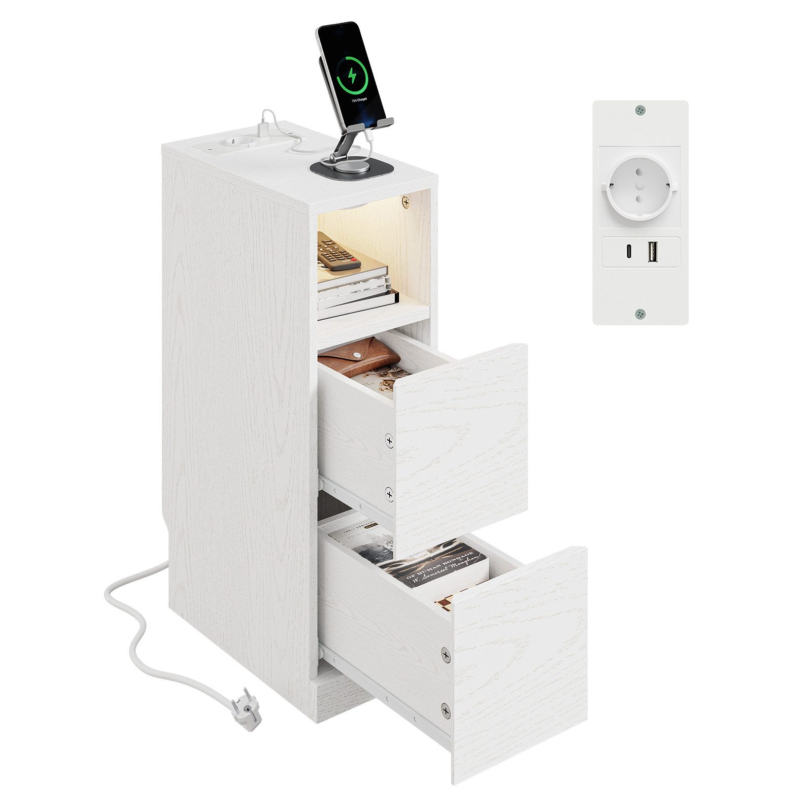 SoBuy Nachttisch FBT149-E, Beistelltisch schmal mit Ladefunktion und LED-Sensorleuchte (1 Tisch), 20cm breit Nachttisch mit …