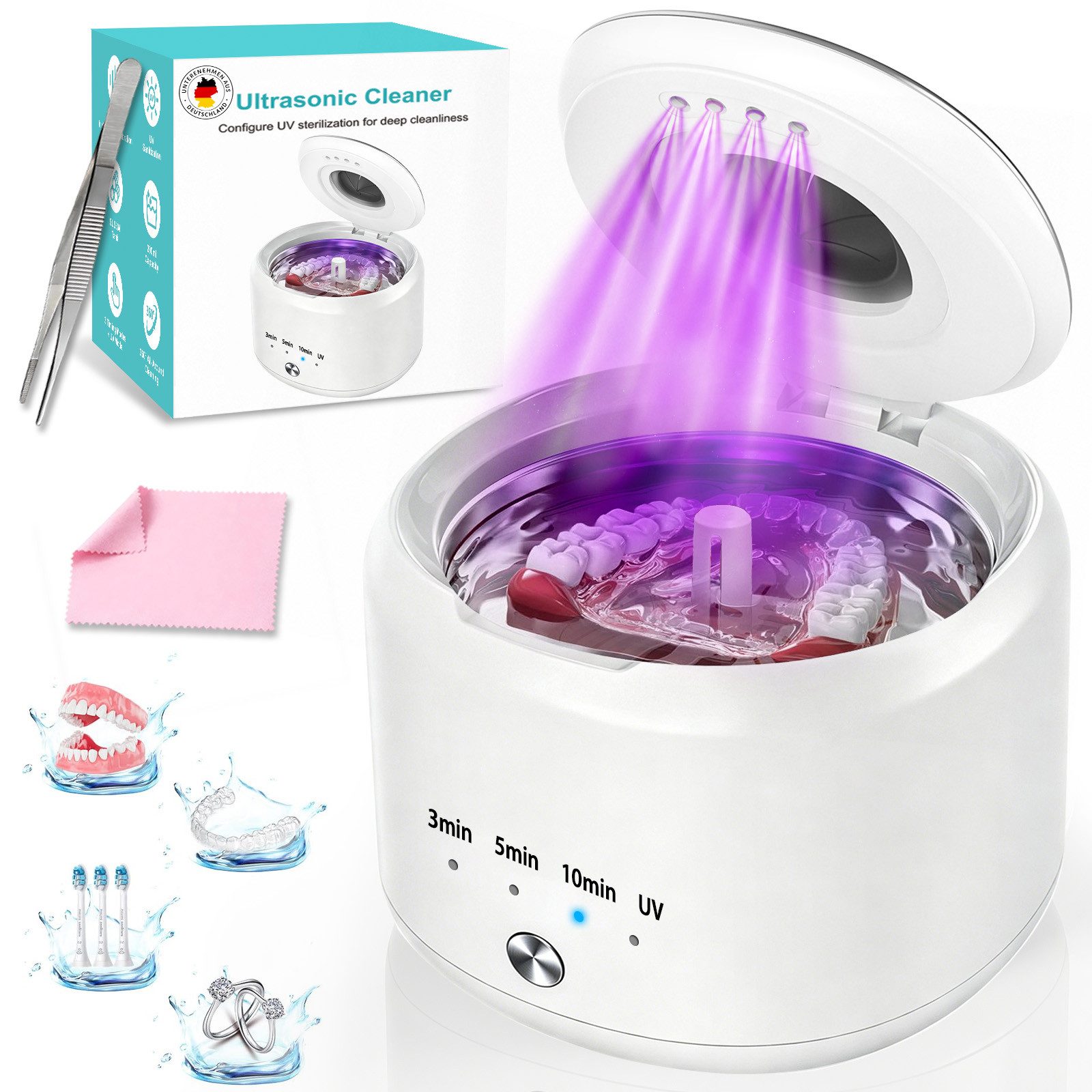SWGOTA Ultraschallreiniger Ultraschallreinigungsgerät 45000Hz 200ml Tank für Zuhause Büro, 4 Modi UV 254nm Reinigung leise unter 35dB 290g kompakt