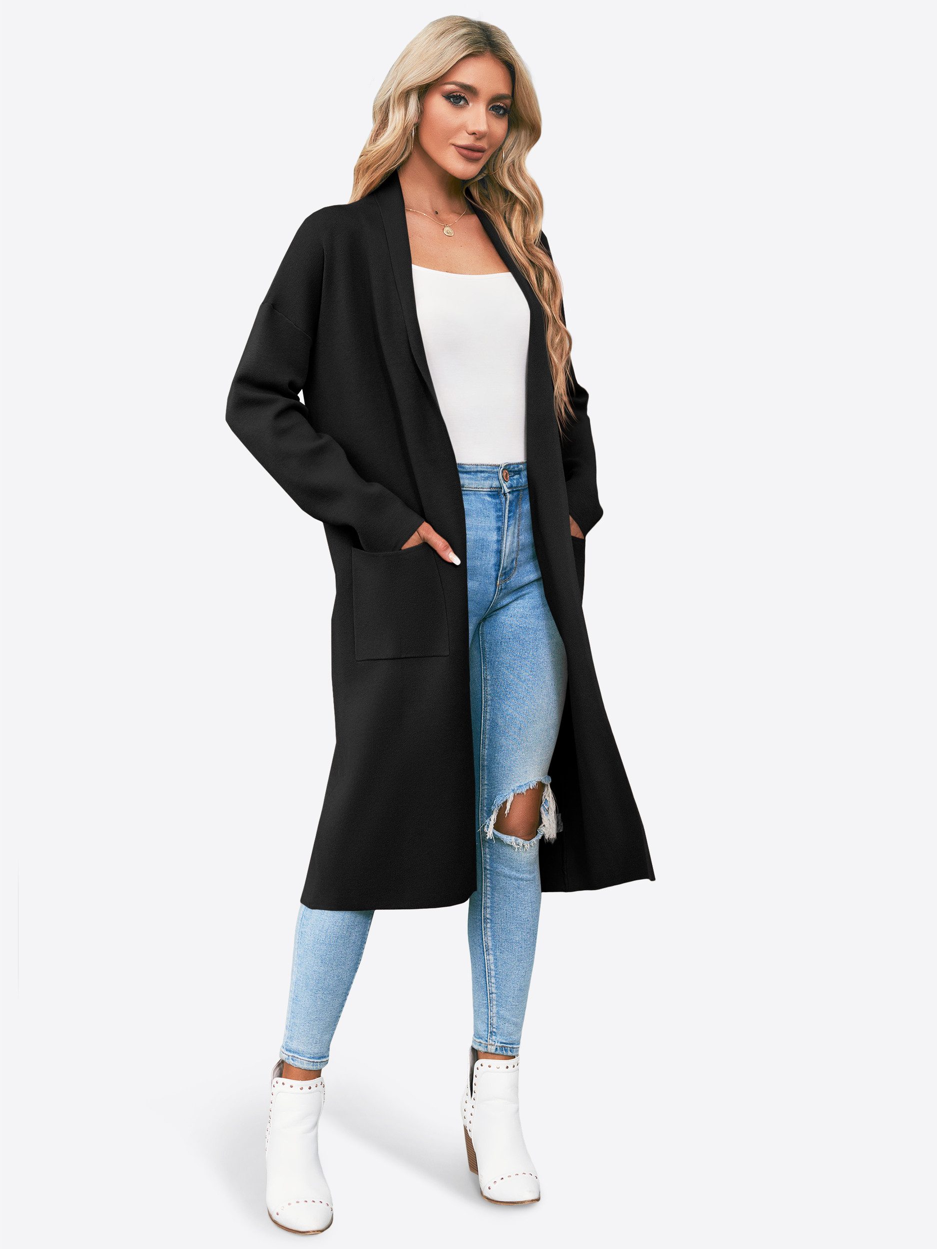 Imily Bela Cardigan Damen Oversize-Langcardigan mit Revers (Packung, 1-tlg., 1per-Pack) Zwei Taschen