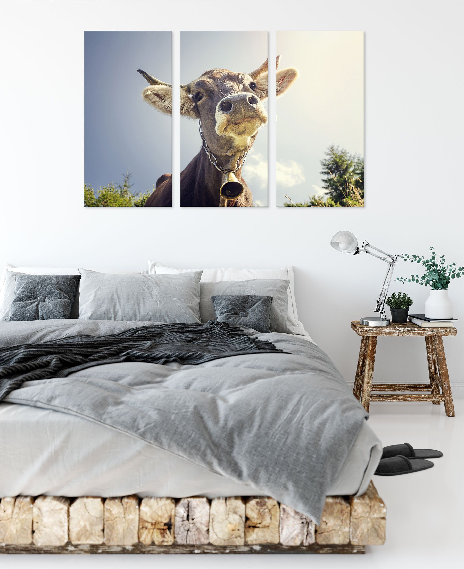Pixxprint Leinwandbild Lustiges Portrait einer Leinwandbild 3Teiler einer Zackenaufhänger Kuh, (1 Kuh Lustiges (120x80cm) bespannt, inkl. fertig Portrait St)