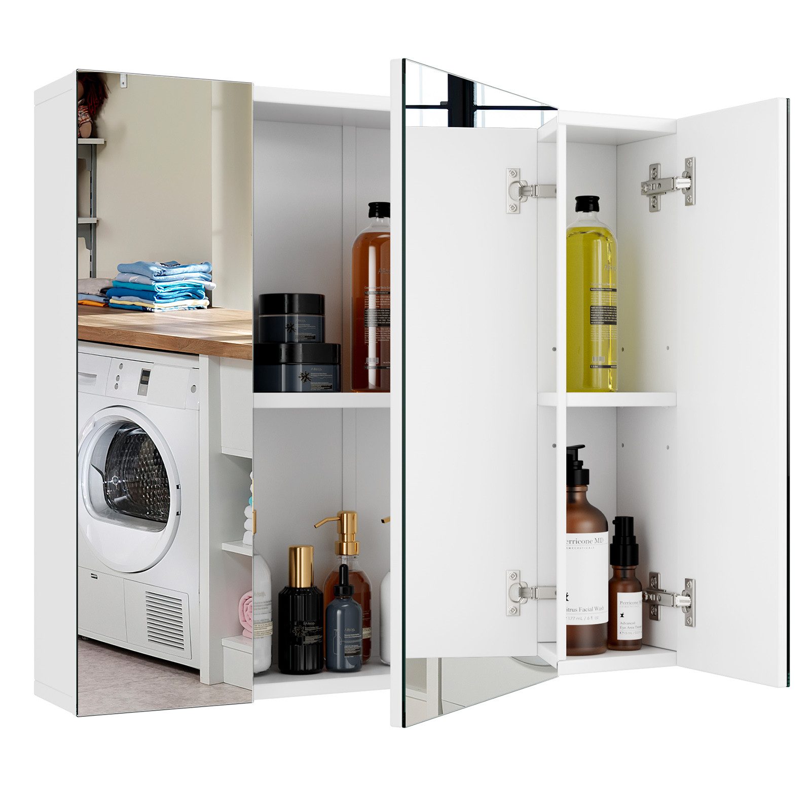 Homfa Spiegelschrank Badezimmerschrank mit 3 Türen, weiß, 70x60x15cm, Holz