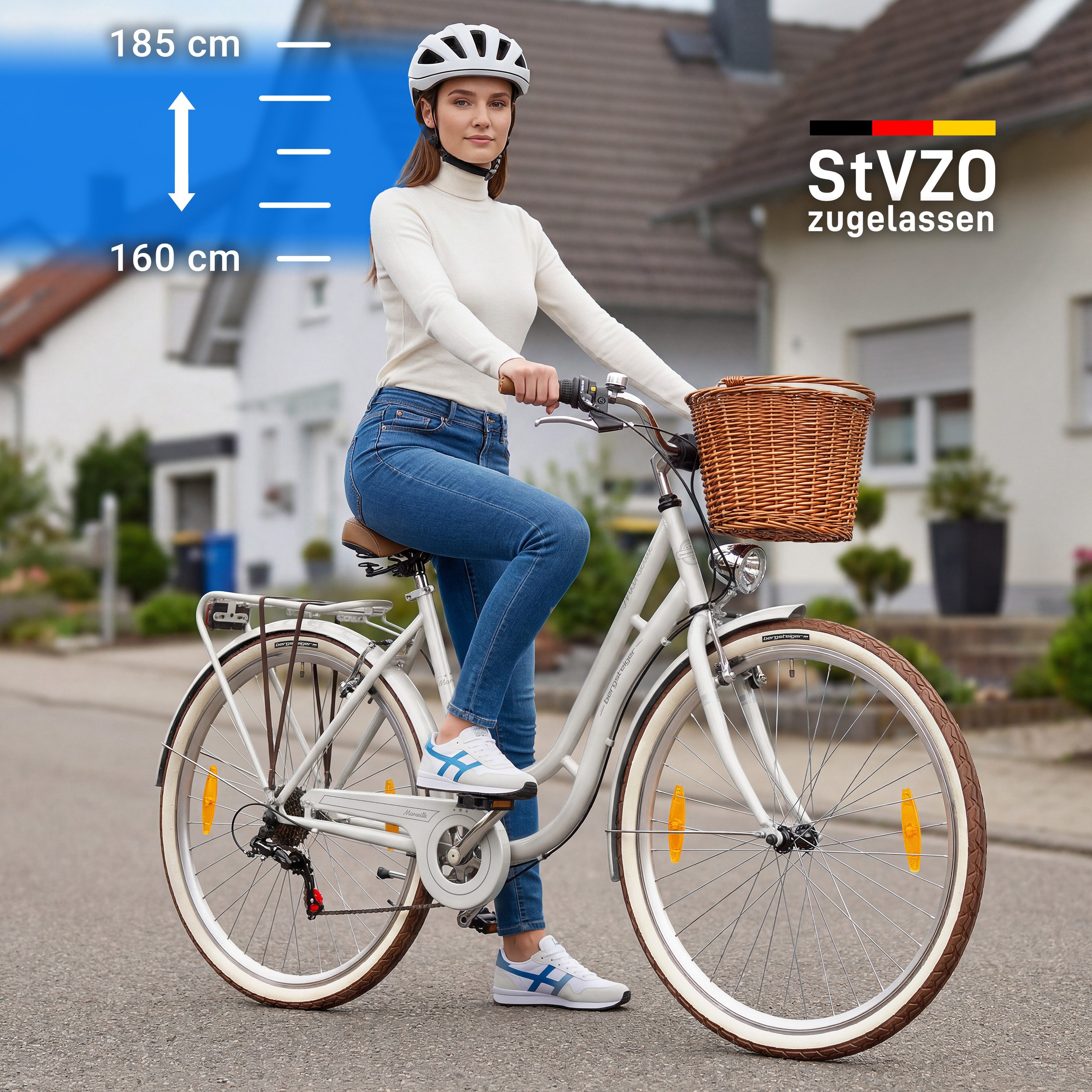 bergsteiger Cityrad Marseille 26 Zoll, 28 Zoll Damenfahrrad, ab 150 cm, Korb aus Rattan, 6 Gang, Kettenschaltung, V-Bremsen