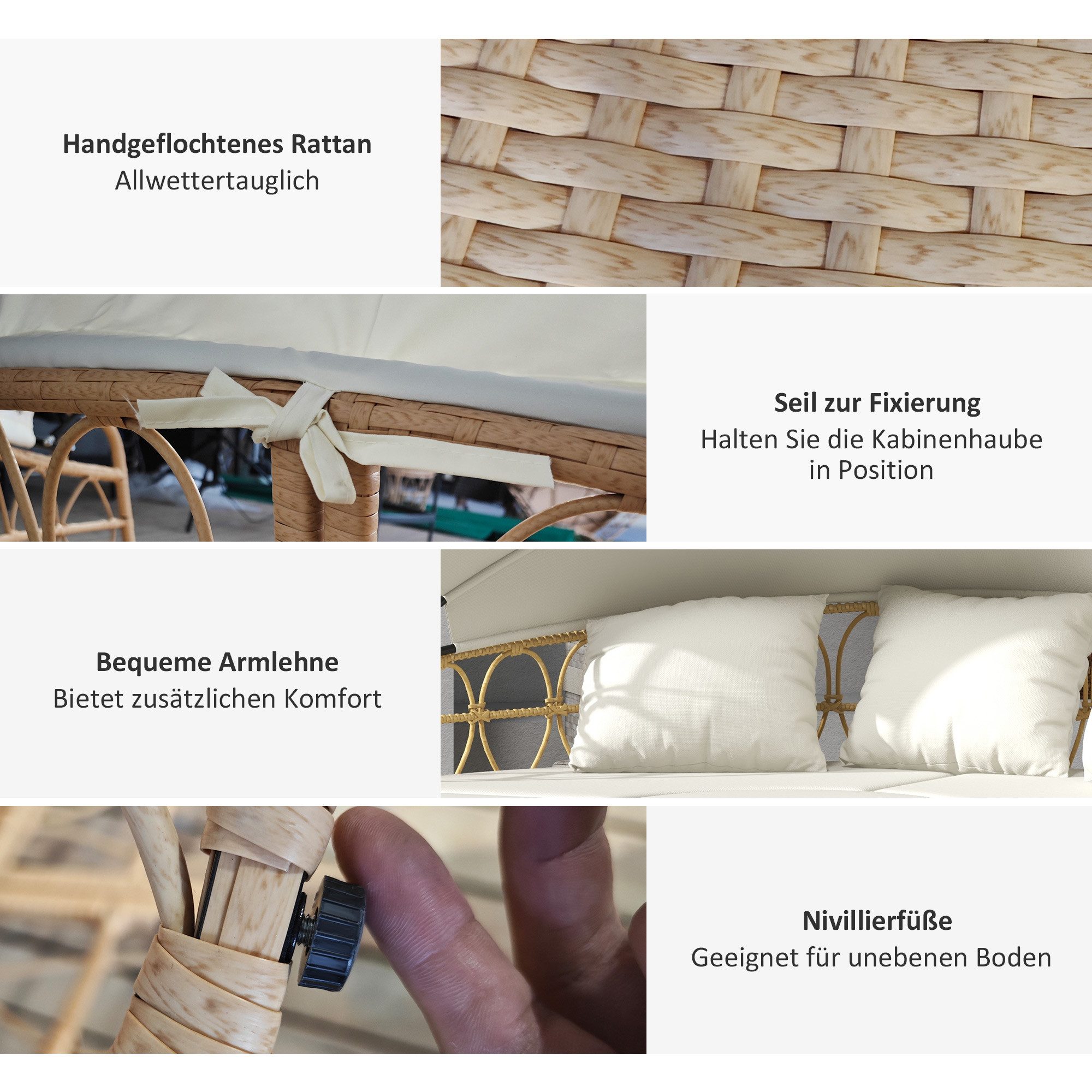 REDOM Sonneninsel 4-teilig Beige mit Rattan Design 178B x 85T x 66,5H cm, Terrassenmöbel Set für Garten, Balkon und Entspannungsbereich 4 Teile, Outdoor Lounge mit verstellbarem Dach und Polsterkissen
