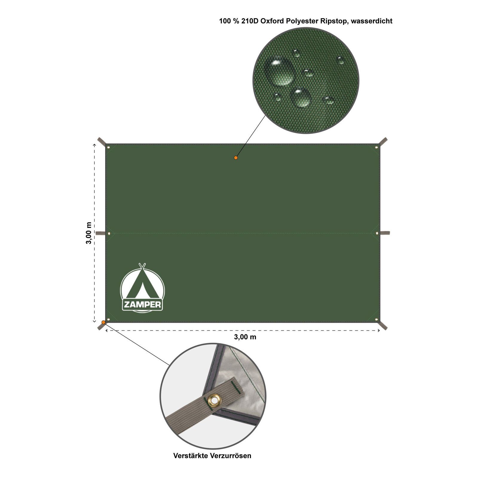 Zamper Tarp-Zelt Tarp Zeltplane 3x3m Wasserdicht – Camping Sonnensegel für Sonnenschutz, Personen: 2 (Zelt-Planen Set mit 6 Heringen und Abspannseilen), Wasserd – Bild 3 von 5