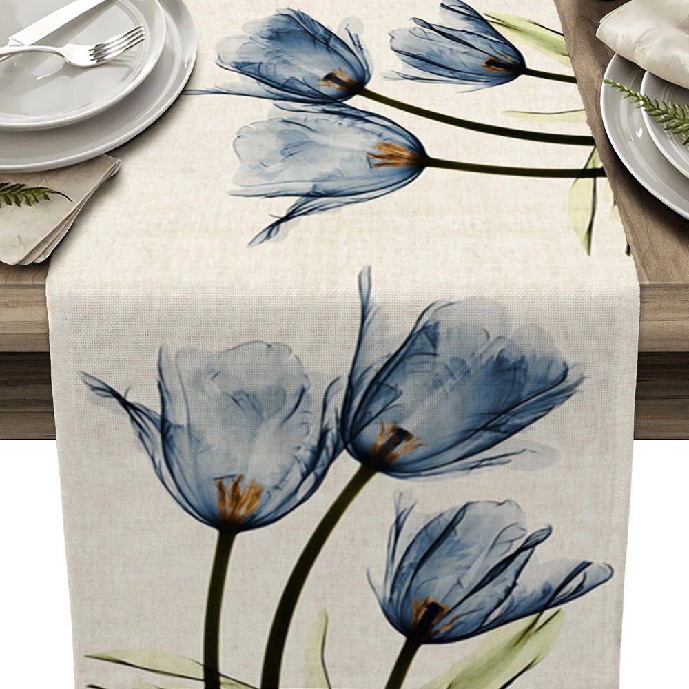 FELIXLEO Tischläufer Tischläufer Blaue Blume 33x180cm Waschbare Leinen Tischdecke Floral (2-tlg)