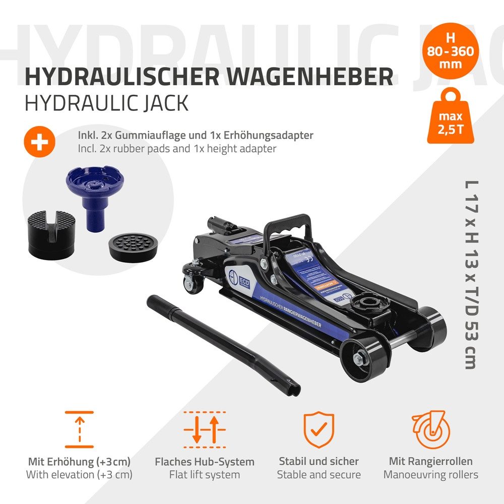 ECD Germany Unterstellbock Autoheber mit 2 Gummiauflagen PKW Rangierwagenheber für Haus Werkstatt, 2500 kg max. Belastbarkeit, (1-St), Wagenheber hydraulisch 360° rollen Flache Hubhöhe 80-360mm SUV-Adapter